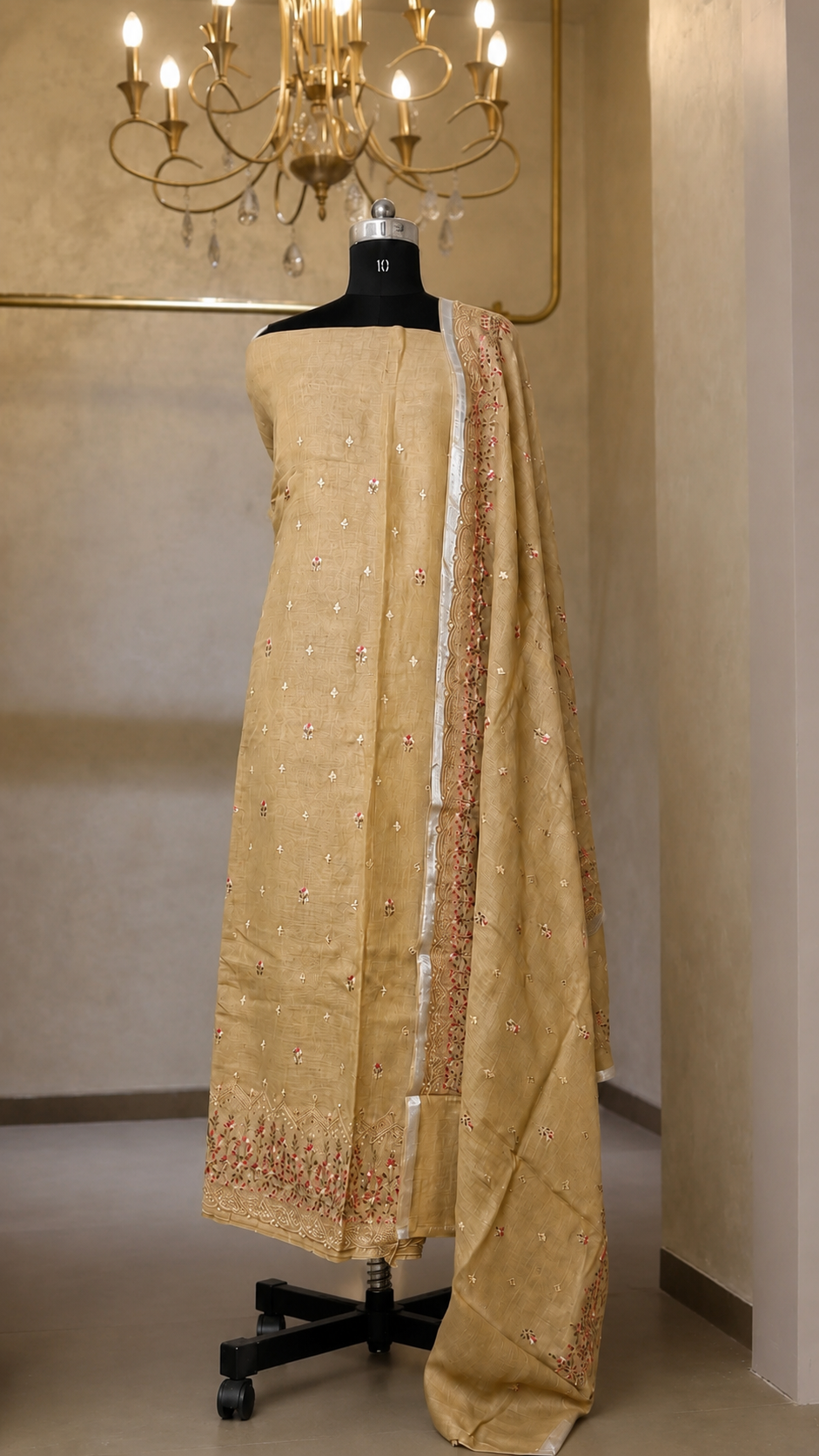 Golden mustard cotton-linen suit set with embroidered floral panel and striped dupatta