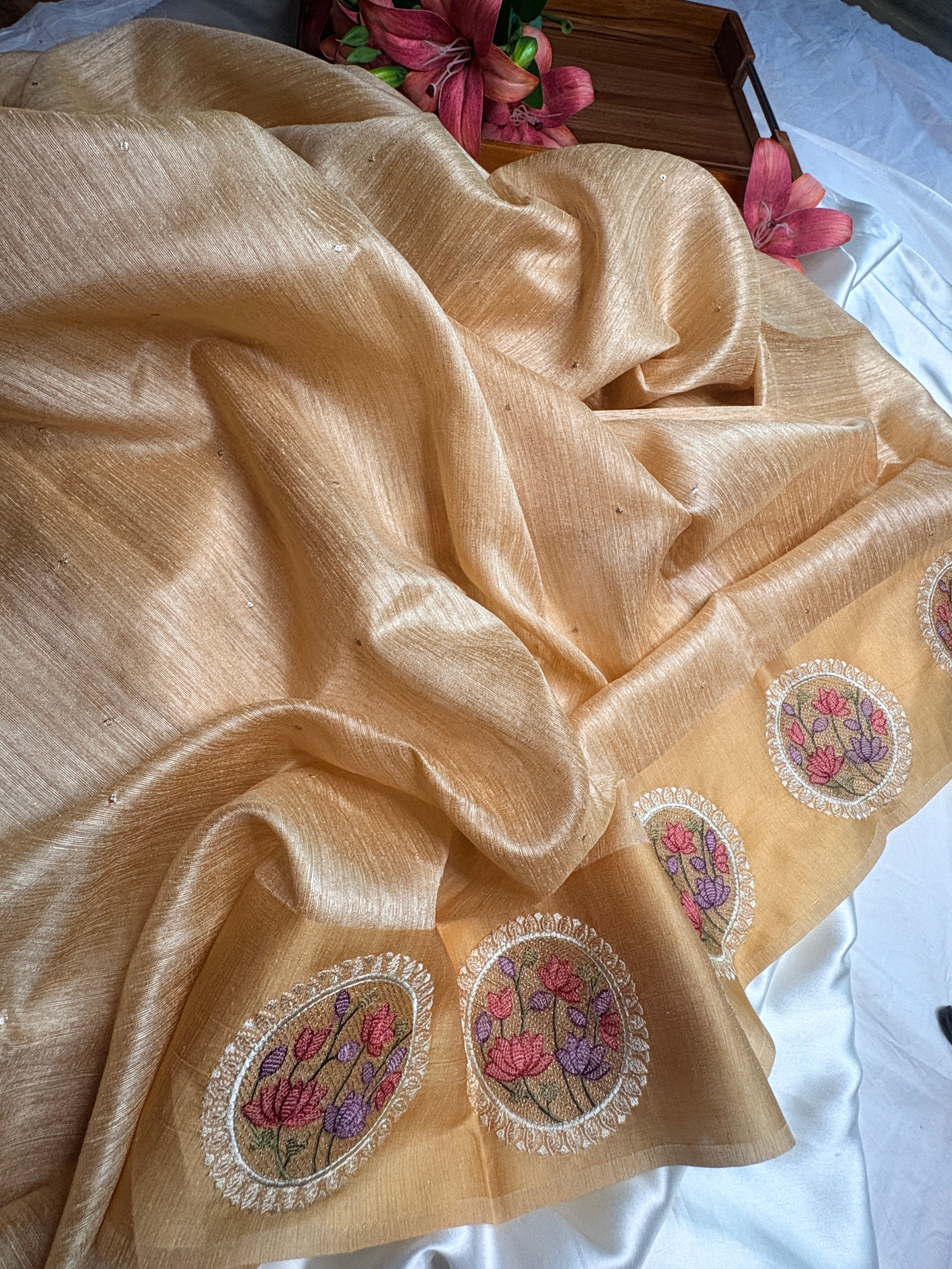 Beige Matka Silk Saree with Floral Embroidery