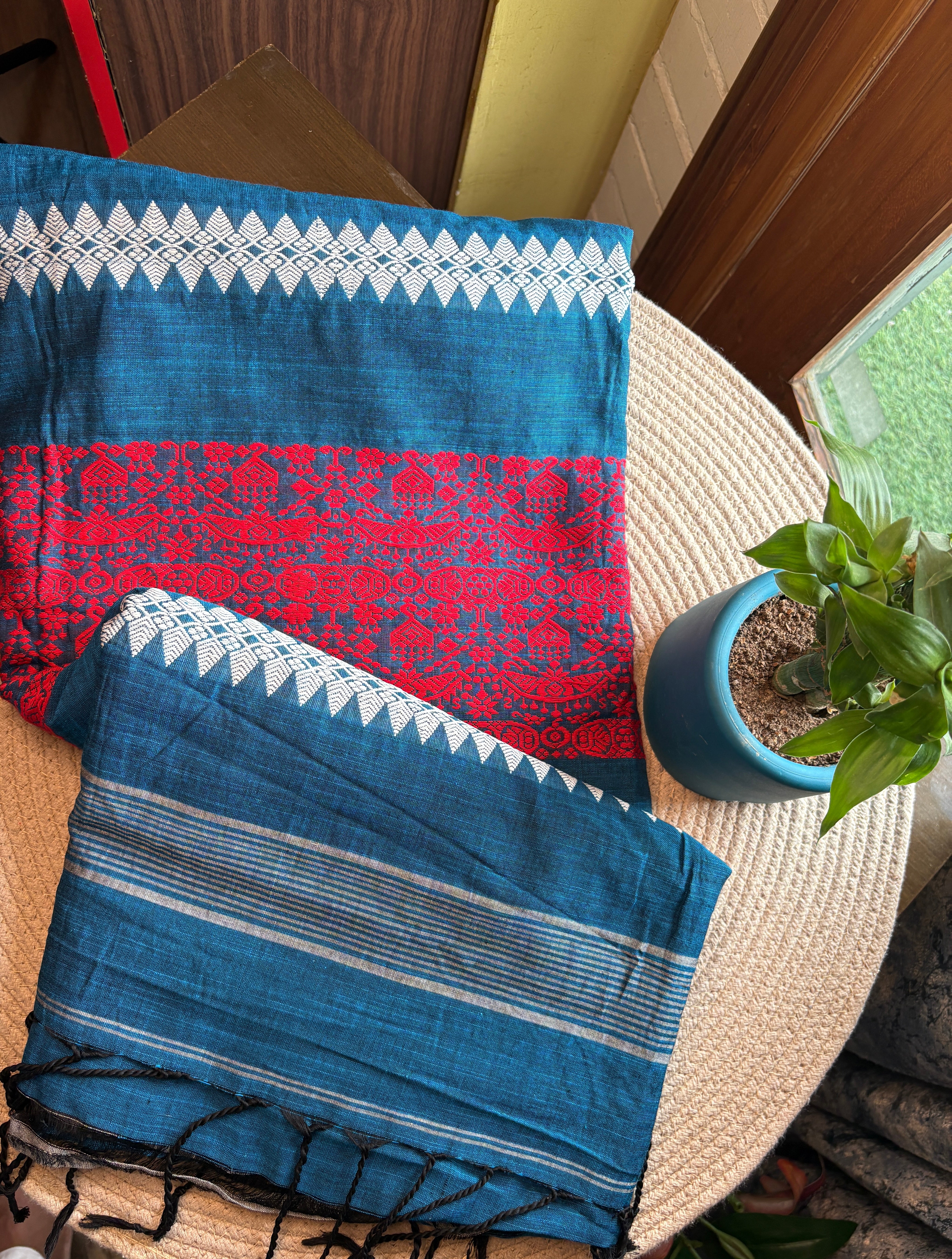 Teal Blue Assam Handloom Cotton Saree