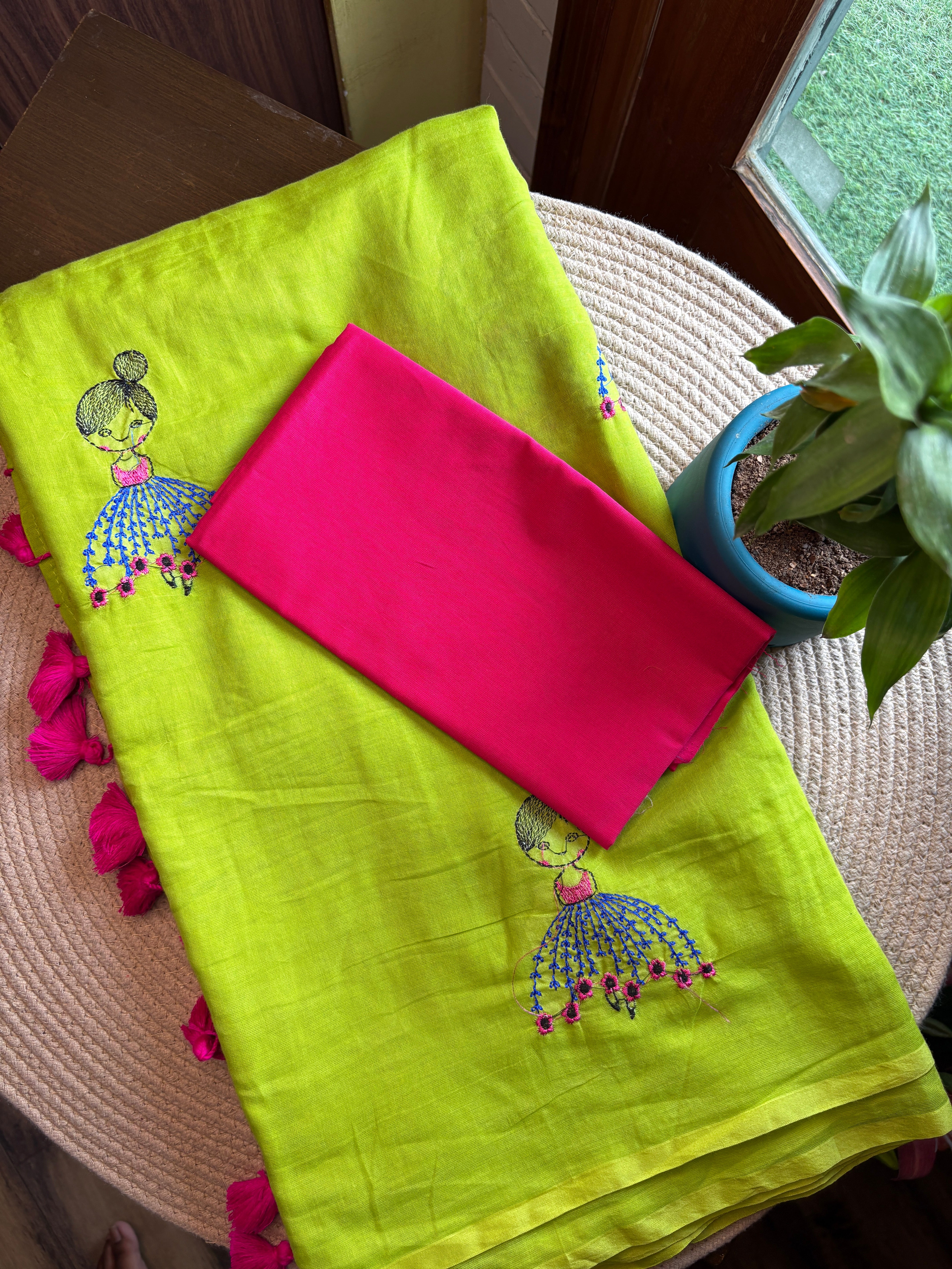 Lime Green Bengal Handloom Mul Cotton Saree