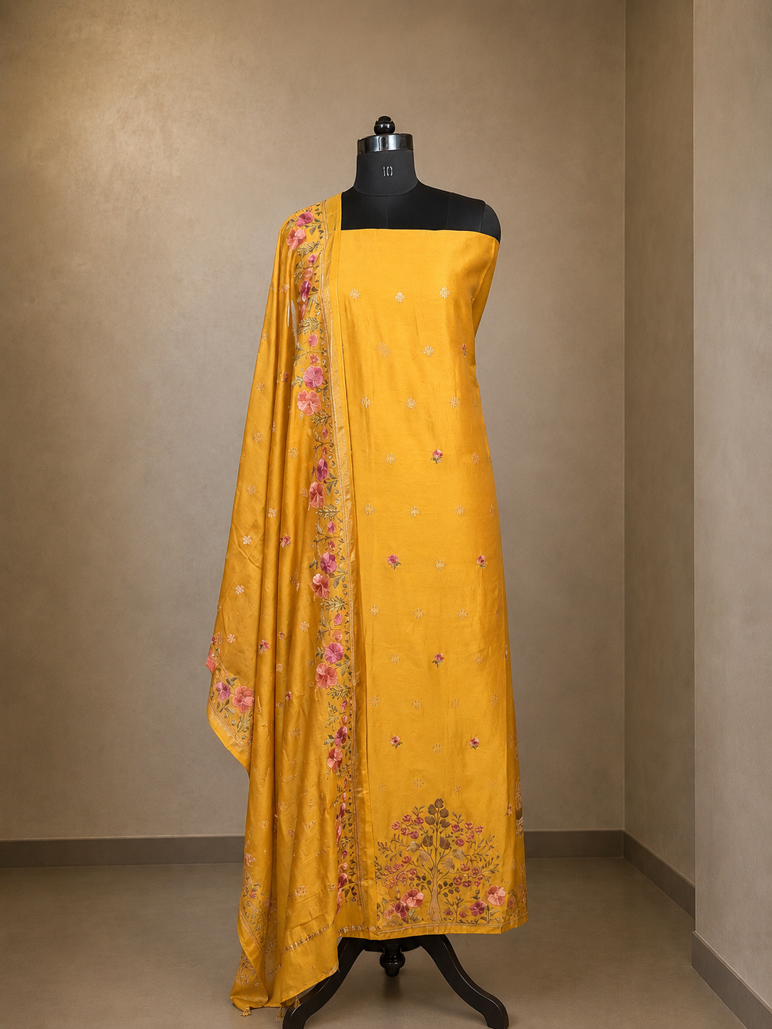 Chanderi silk-cotton suit set with fine machine embroidery and matching dupatta