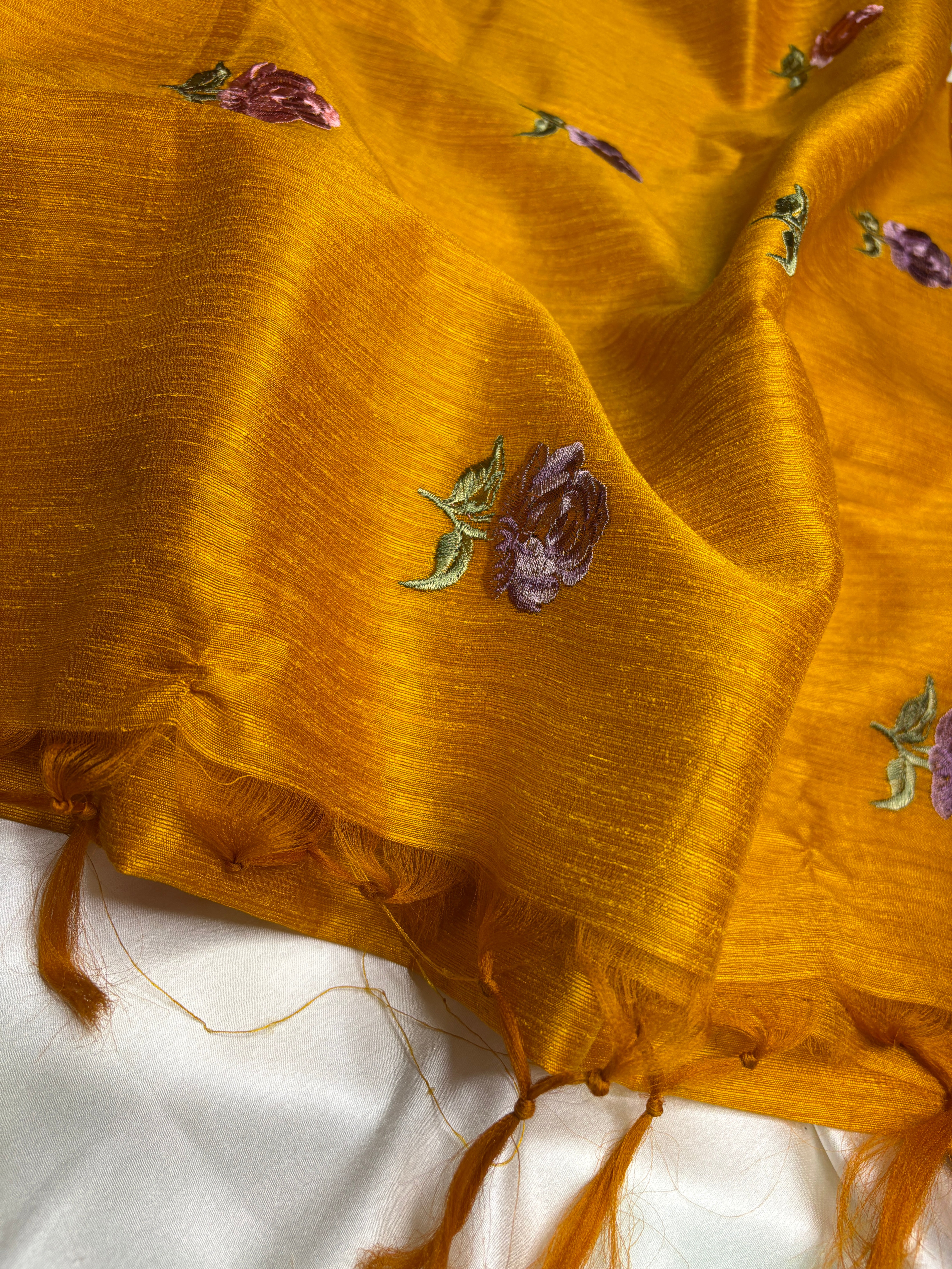 Mustard Matka Silk Saree with Floral Embroidery