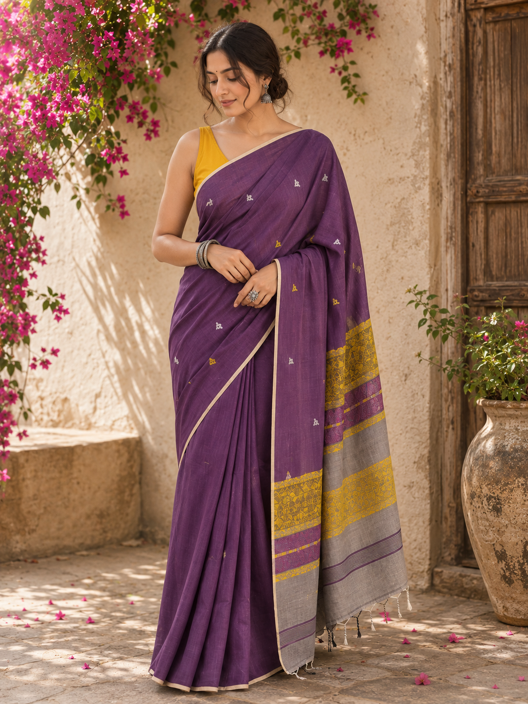 Purple Assam handloom pure cotton saree