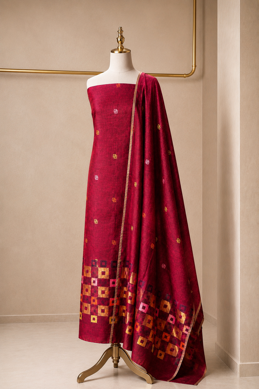 Red pure linen Jamdani unstitched suit set with geometric motifs, kurta fabric and dupatta
