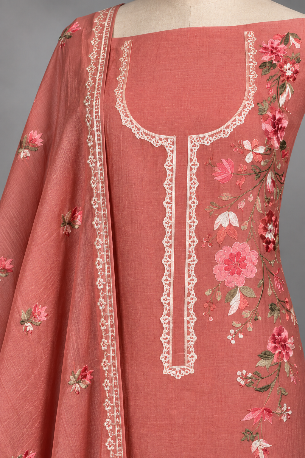 Close-up of lace neckline and floral thread embroidery on blush peach mul cotton kurta