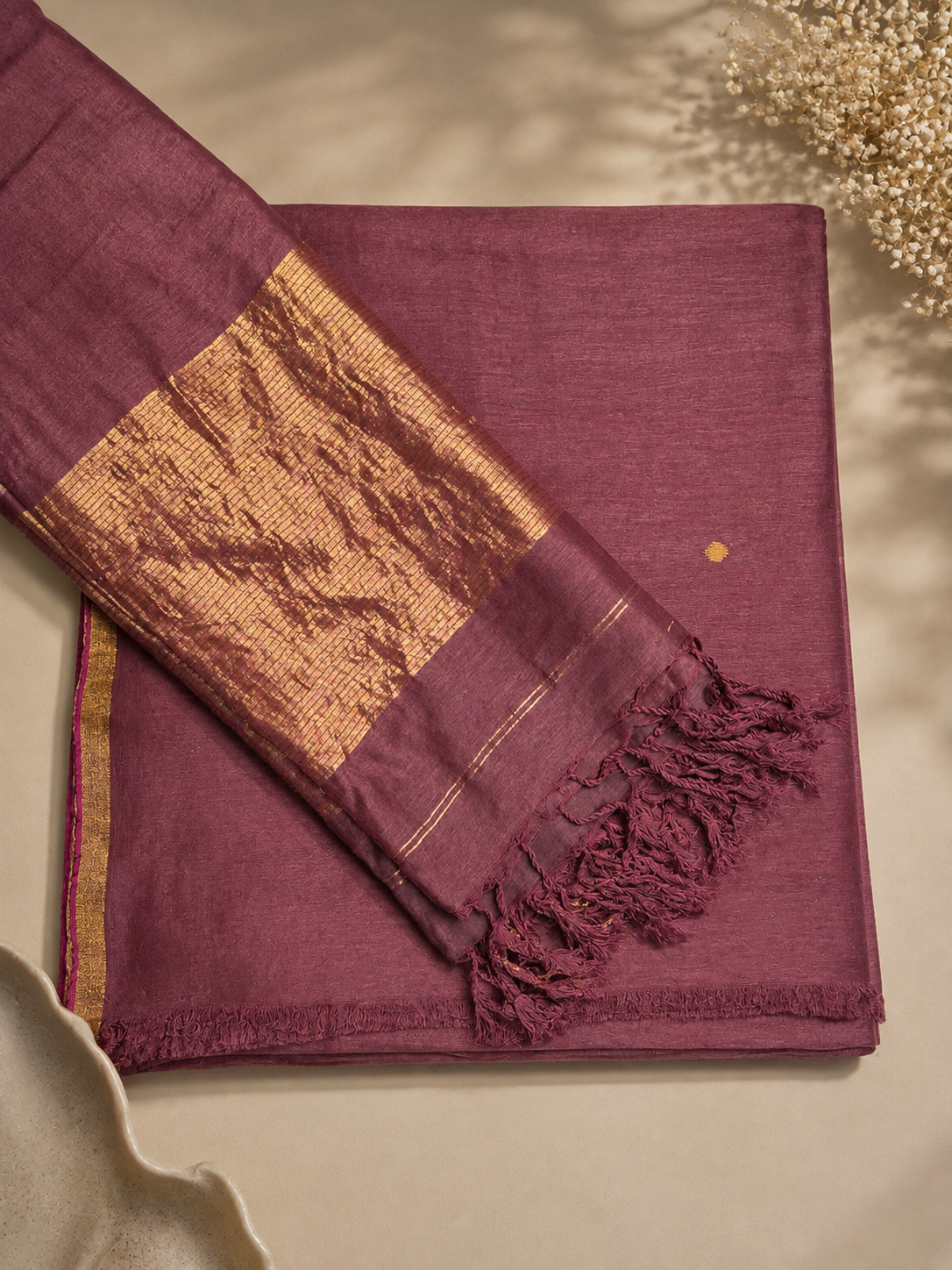 Mauve pure linen Jamdani unstitched suit set with small booti motifs, kurta fabric and dupatta