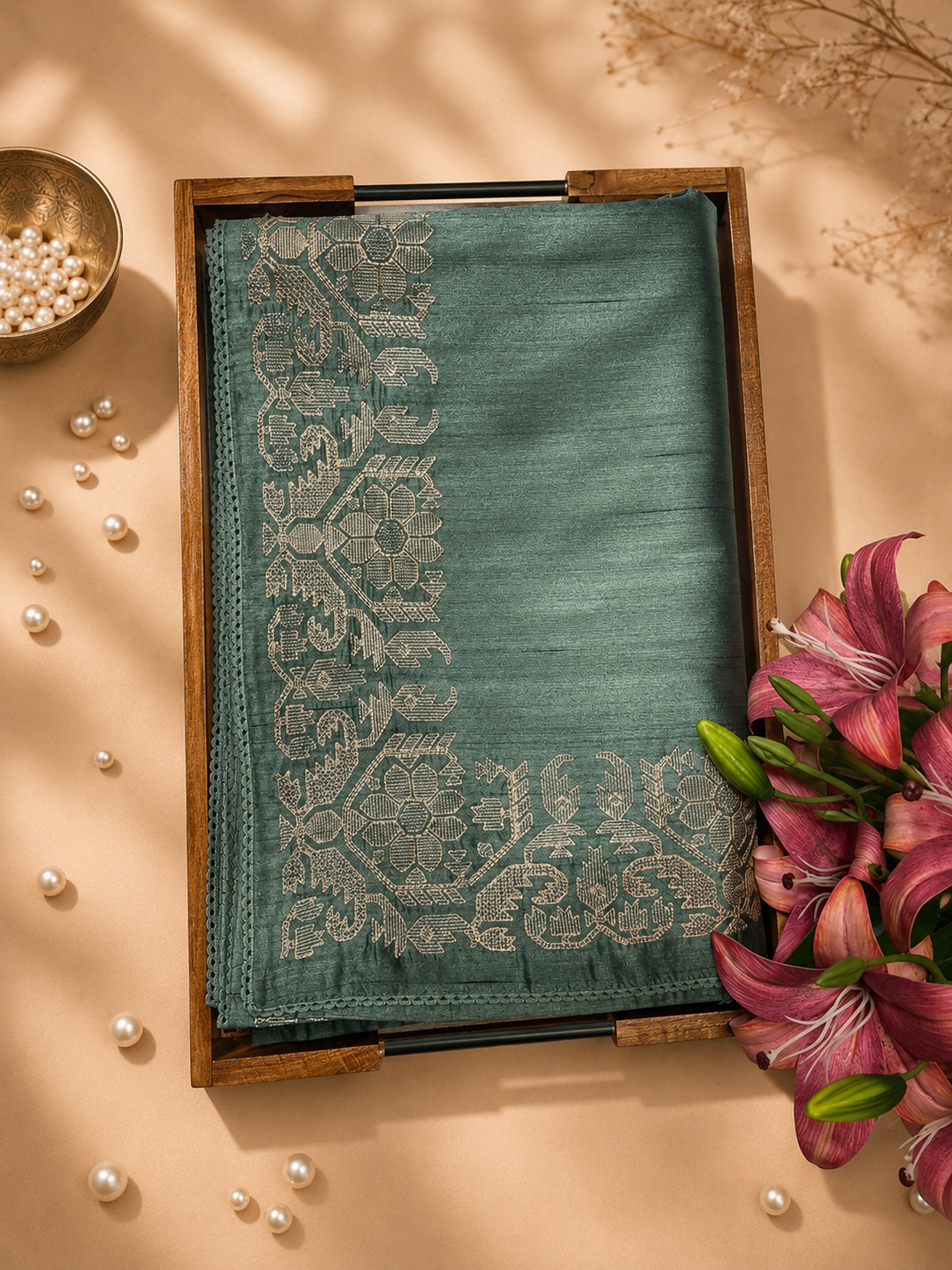 Sage green matka silk saree with a soft slubbed handwoven texture