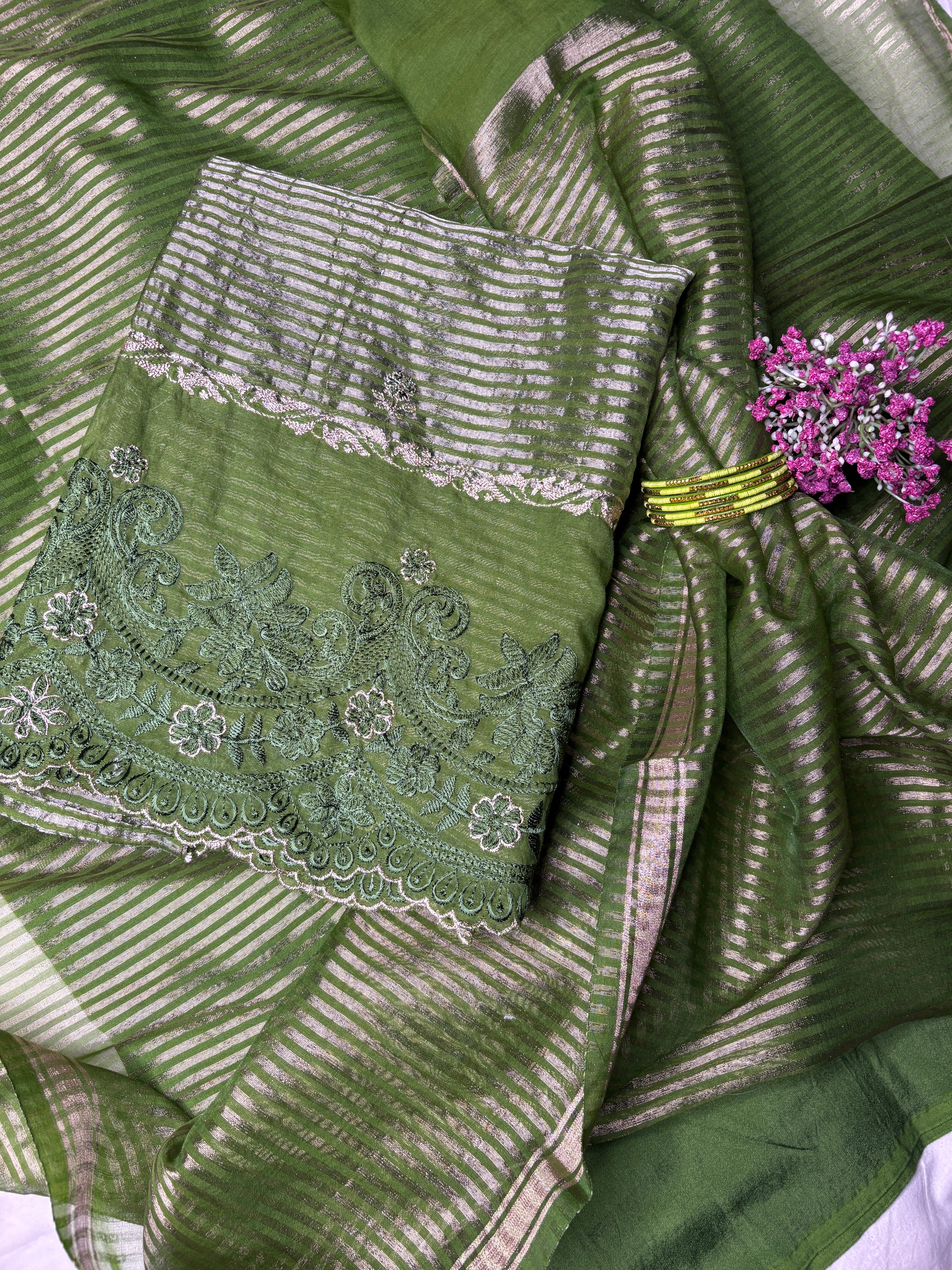 Banarasi Olive Green Suit With Chanderi Bottom