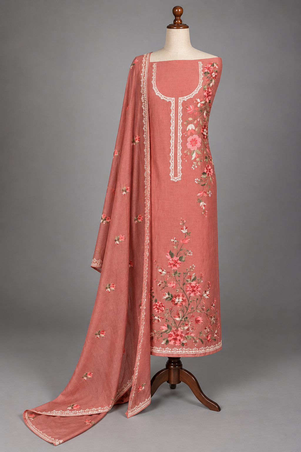 Blush peach mul cotton suit set with heavy floral thread work and lace-trimmed dupatta