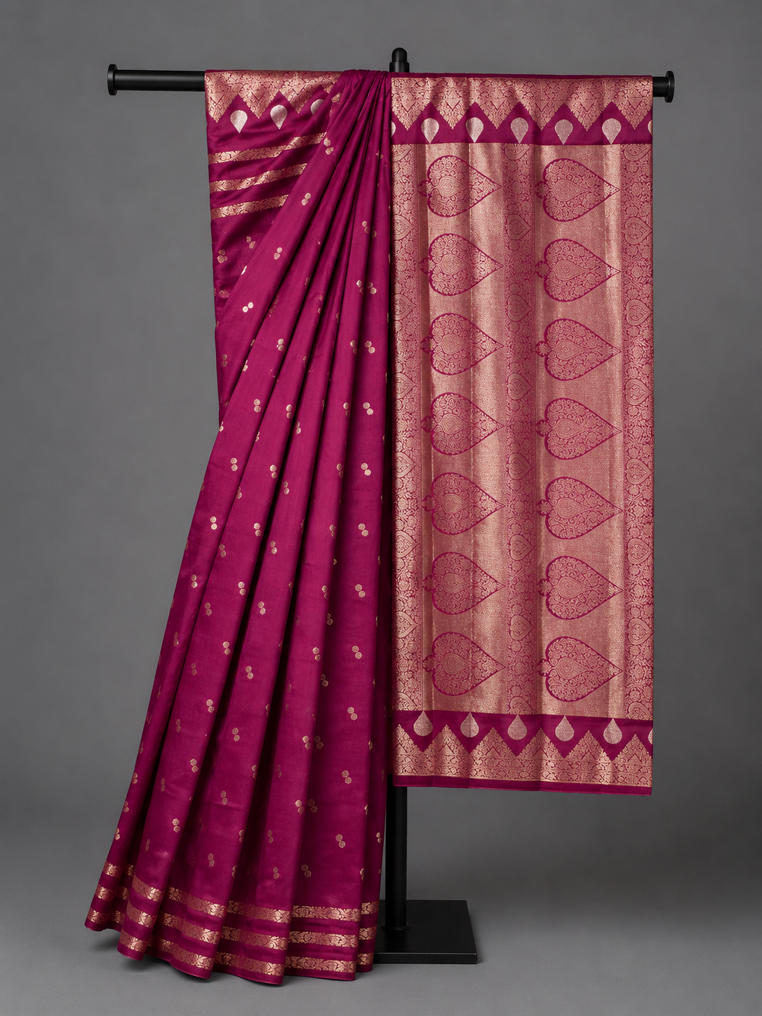Deep wine Chiniya silk saree with a fluid fall