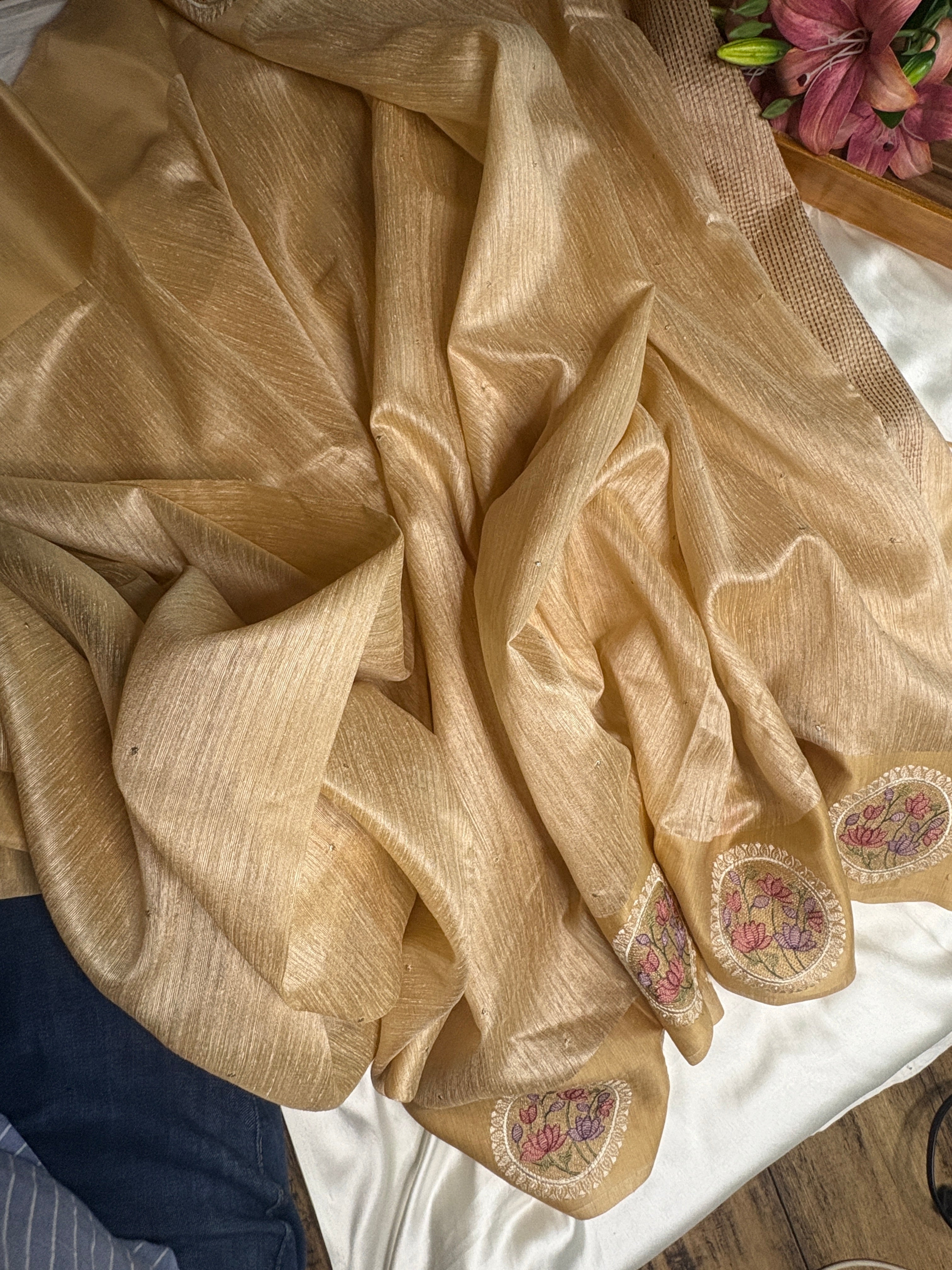 Beige Matka Silk Saree with Floral Embroidery