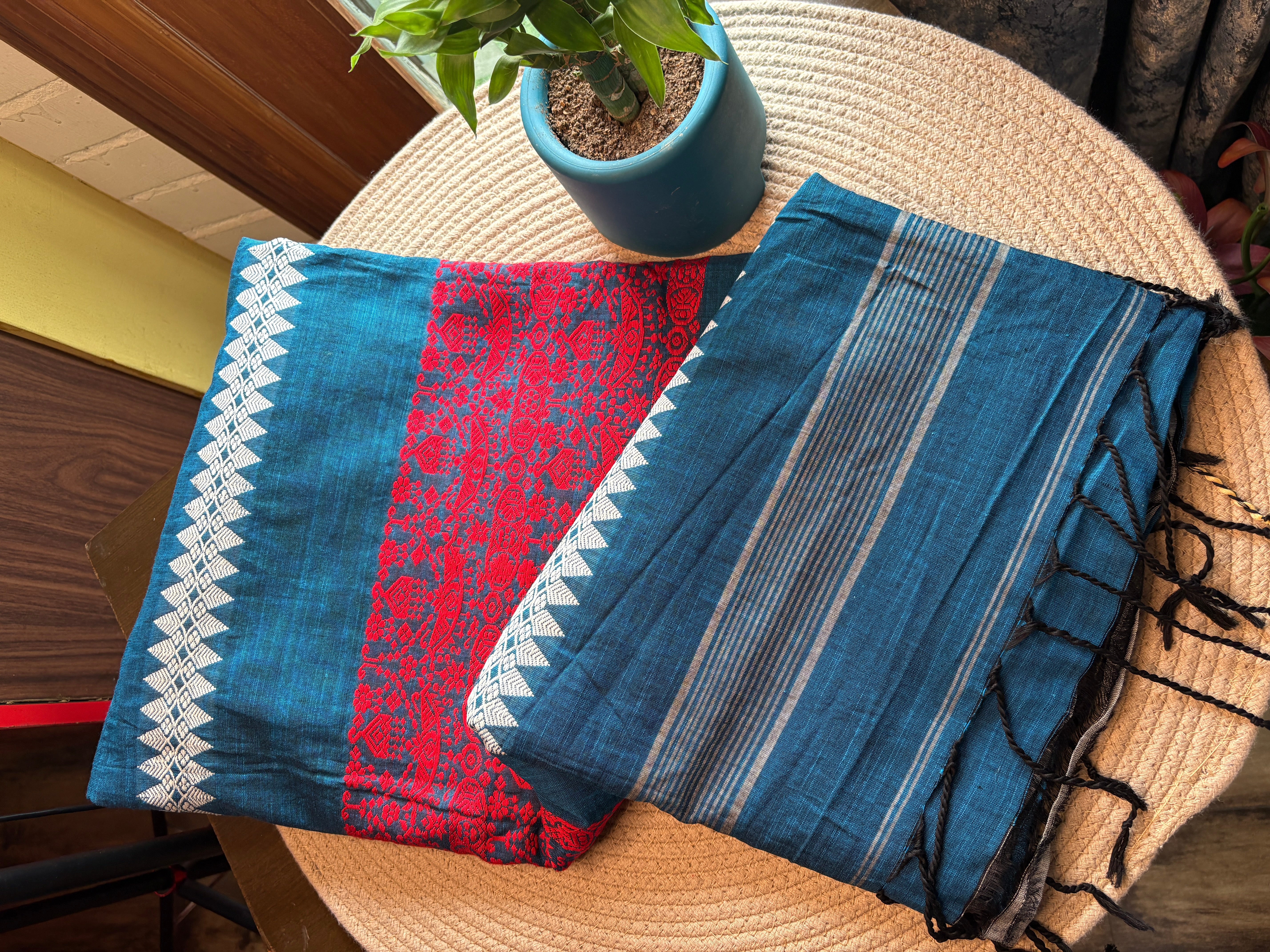 Teal Blue Assam Handloom Cotton Saree