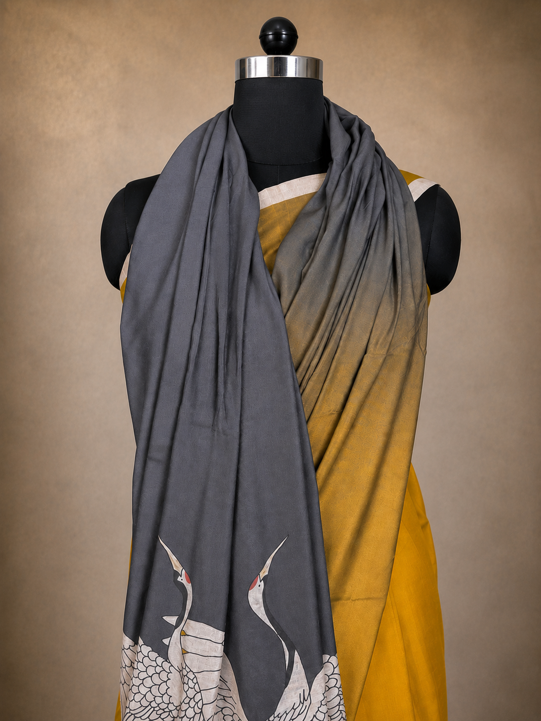 Yellow & Grey Dual-Dye Chanderi Saree with Crane Motifs on the Pallu