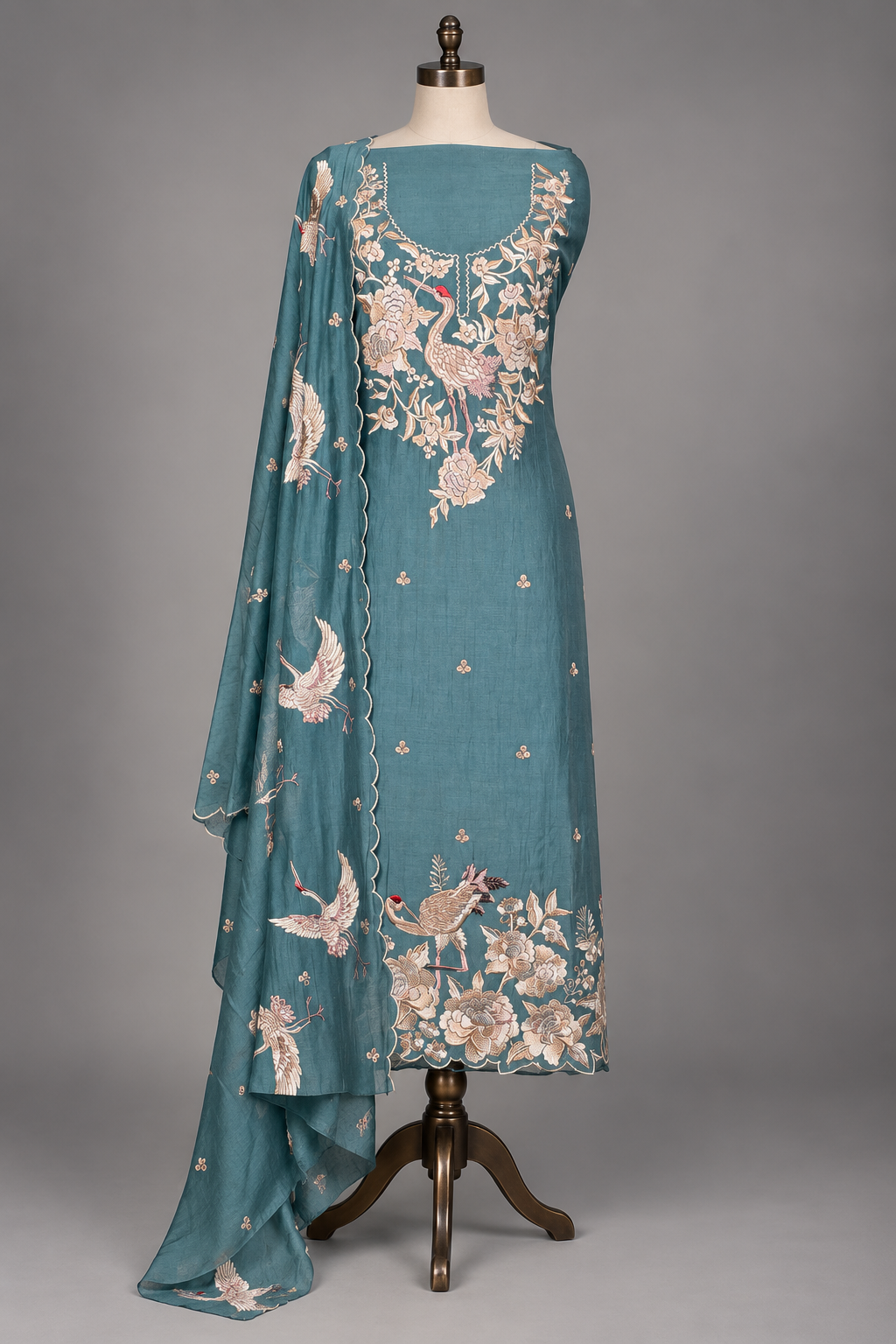 Teal blue mul chanderi suit set with Parsi Gara crane and floral embroidery