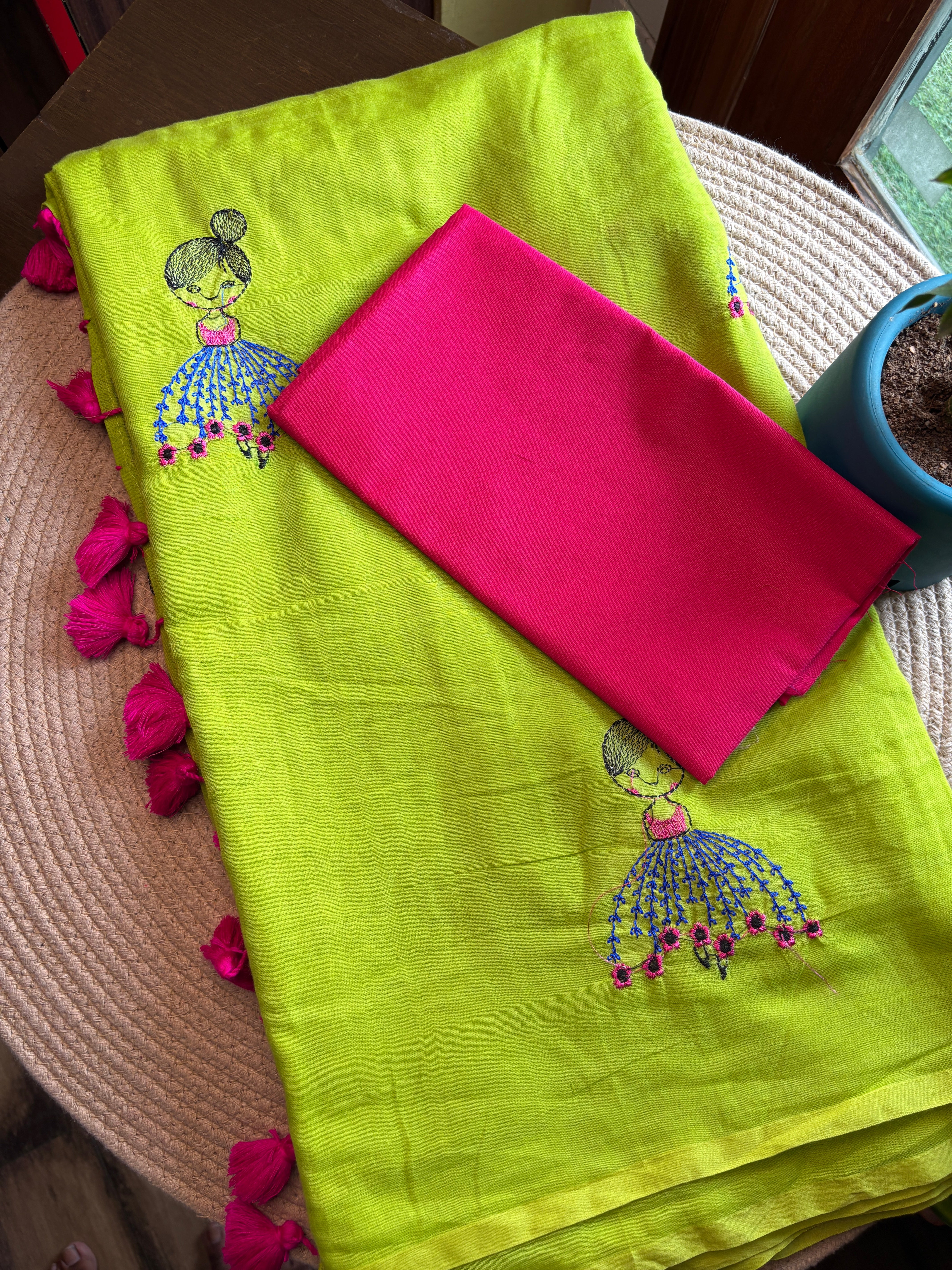 Lime Green Bengal Handloom Mul Cotton Saree