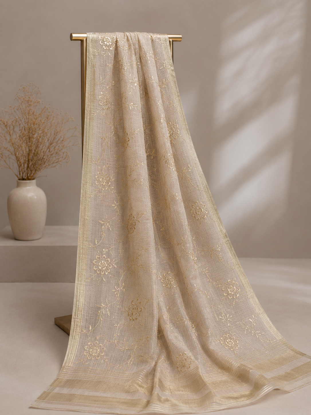 Nude beige Kota Banarasi saree with woven zari detailing