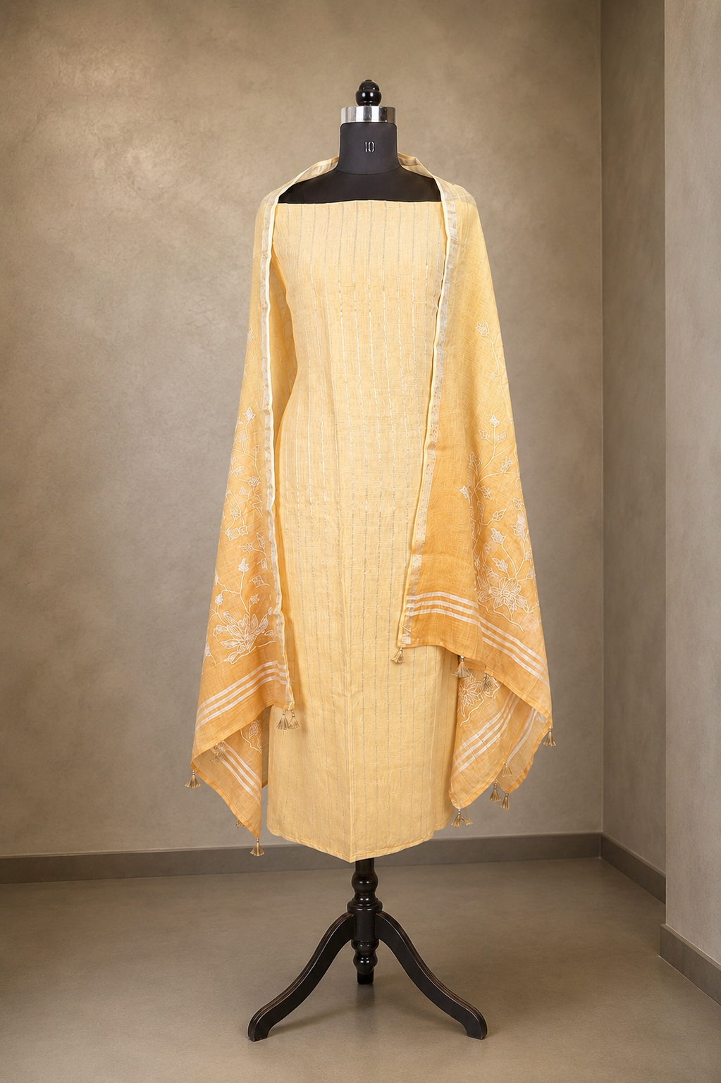 Mustard pure linen suit set with hand applique work and Chanderi cotton bottom
