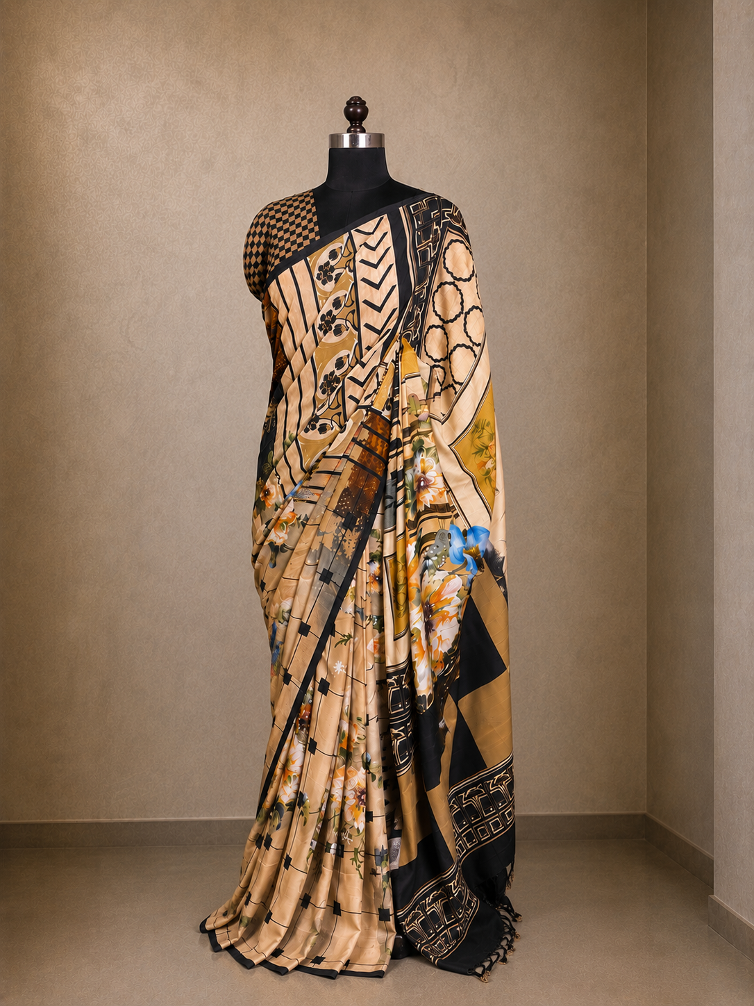 Sand Beige Chanderi Printed Saree with Patchwork-Inspired Motifs
