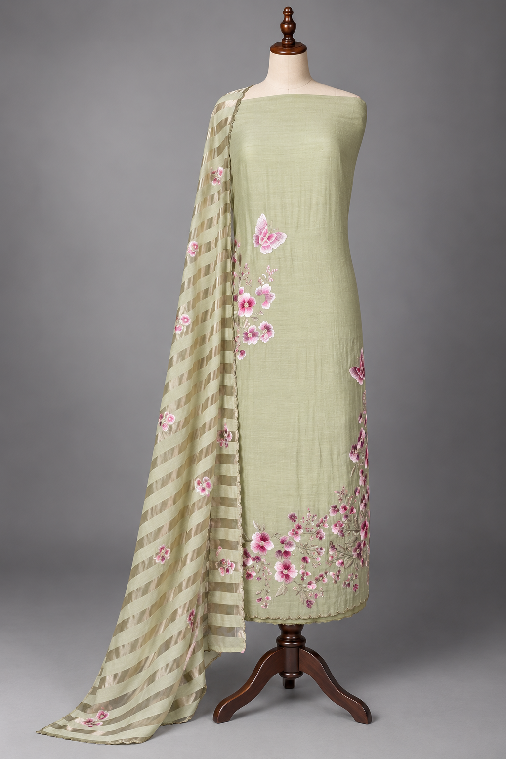 Side view of sage green mul cotton kurta with floral and butterfly embroidery