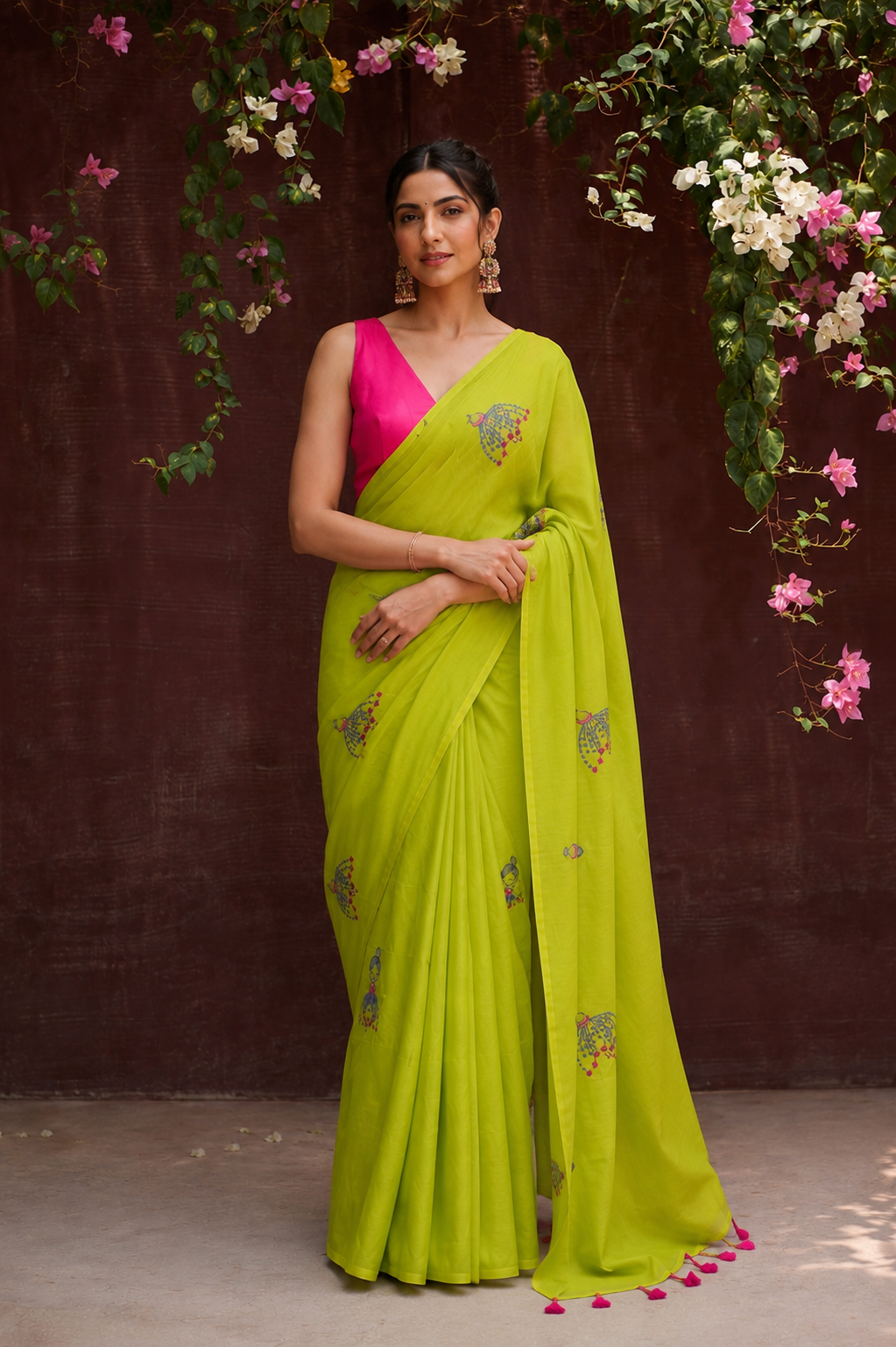 Lime green Bengal handloom mul cotton saree