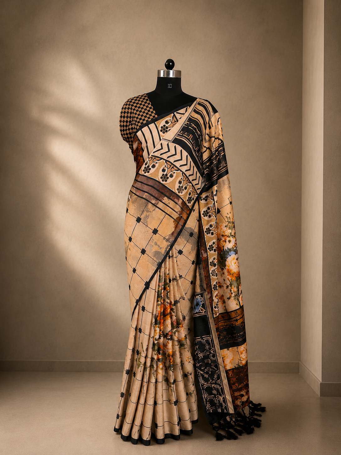 Sand beige Chanderi saree with patchwork-inspired printed motifs