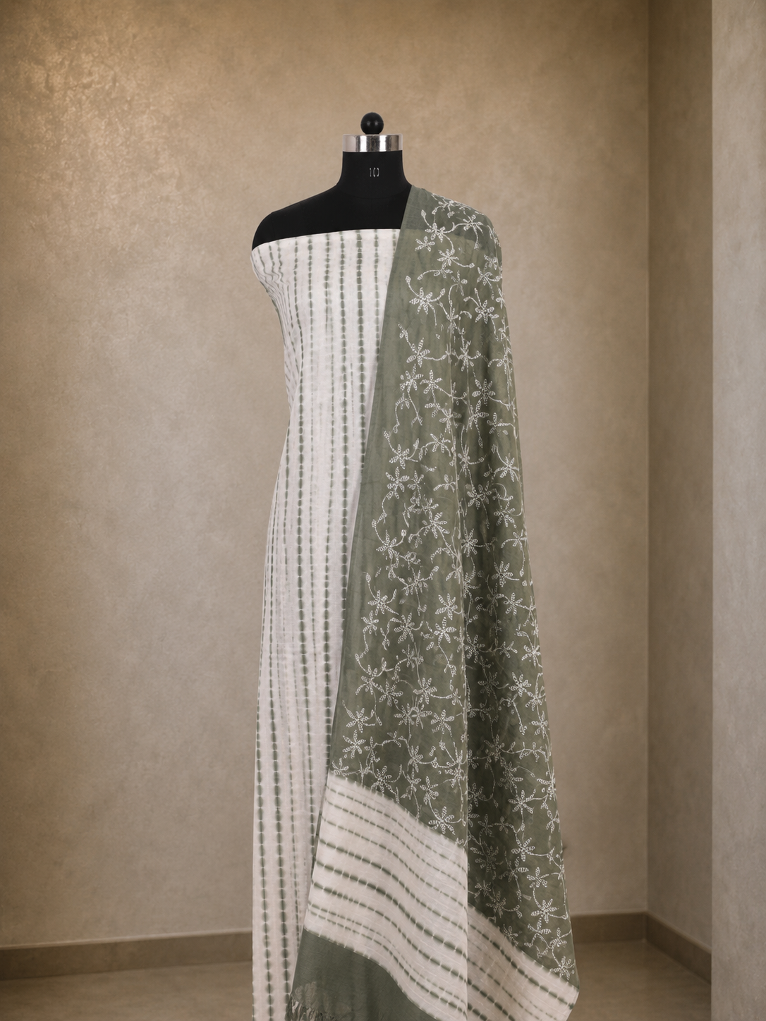 Mul Cotton Hand-Shibori Suit Set with White Threadwork Dupatta
