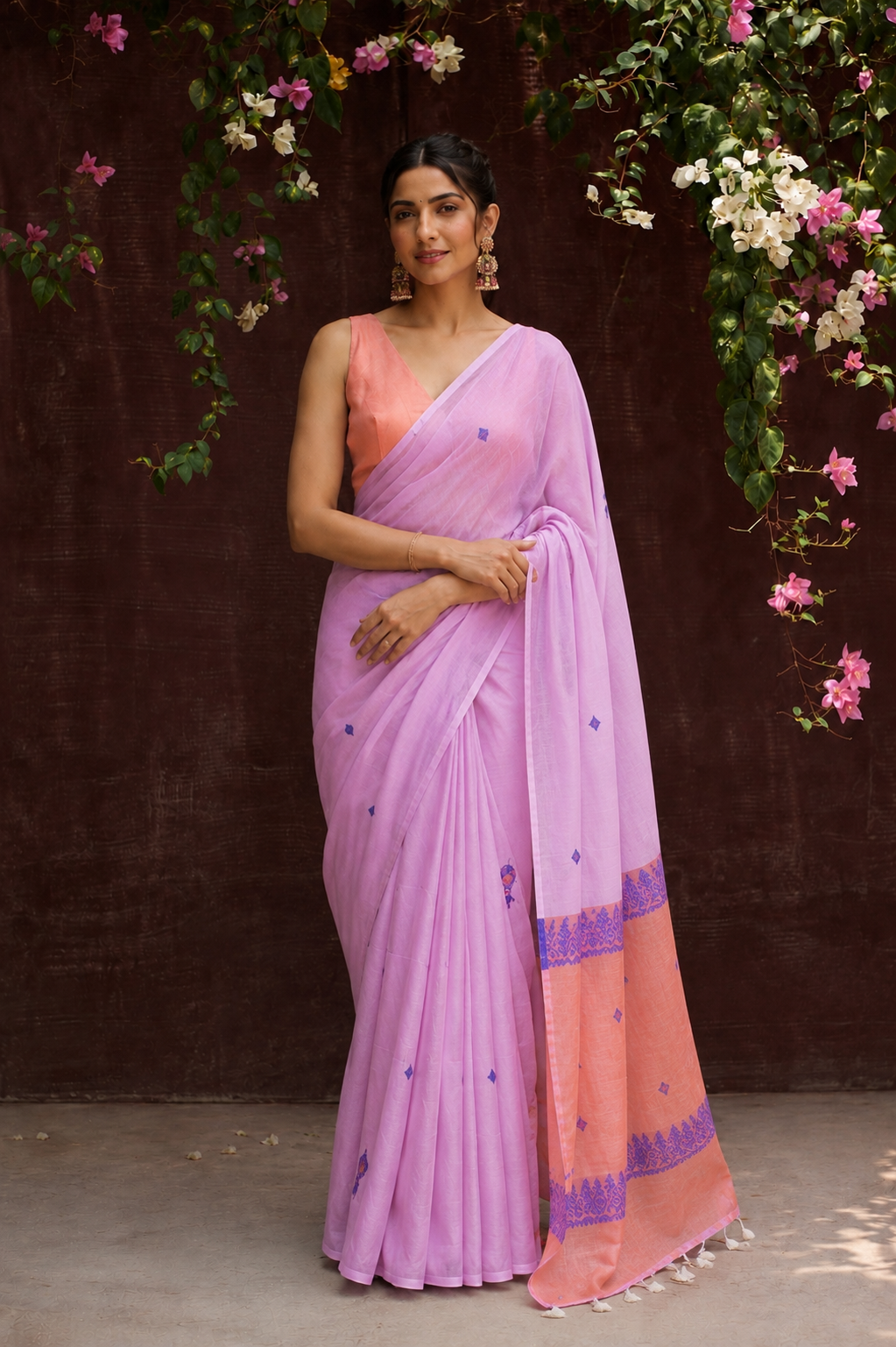 Pink Assam handloom cotton saree woven on traditional looms