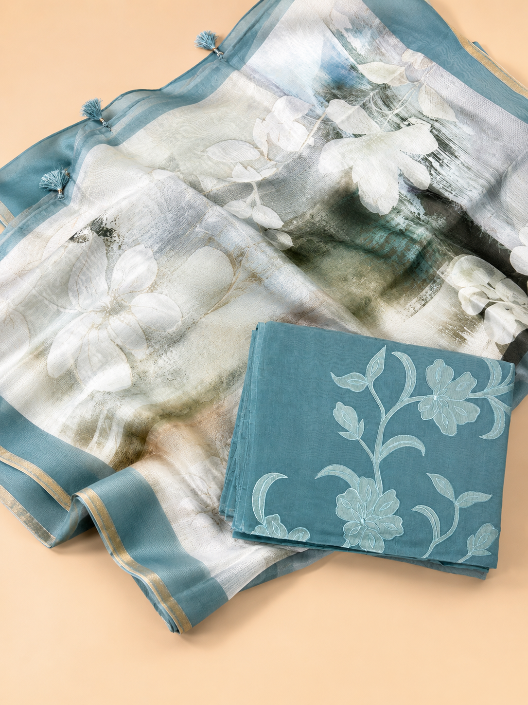 Teal Green Cotton Suit Set with Printed Dupatta & Embroidered Panel