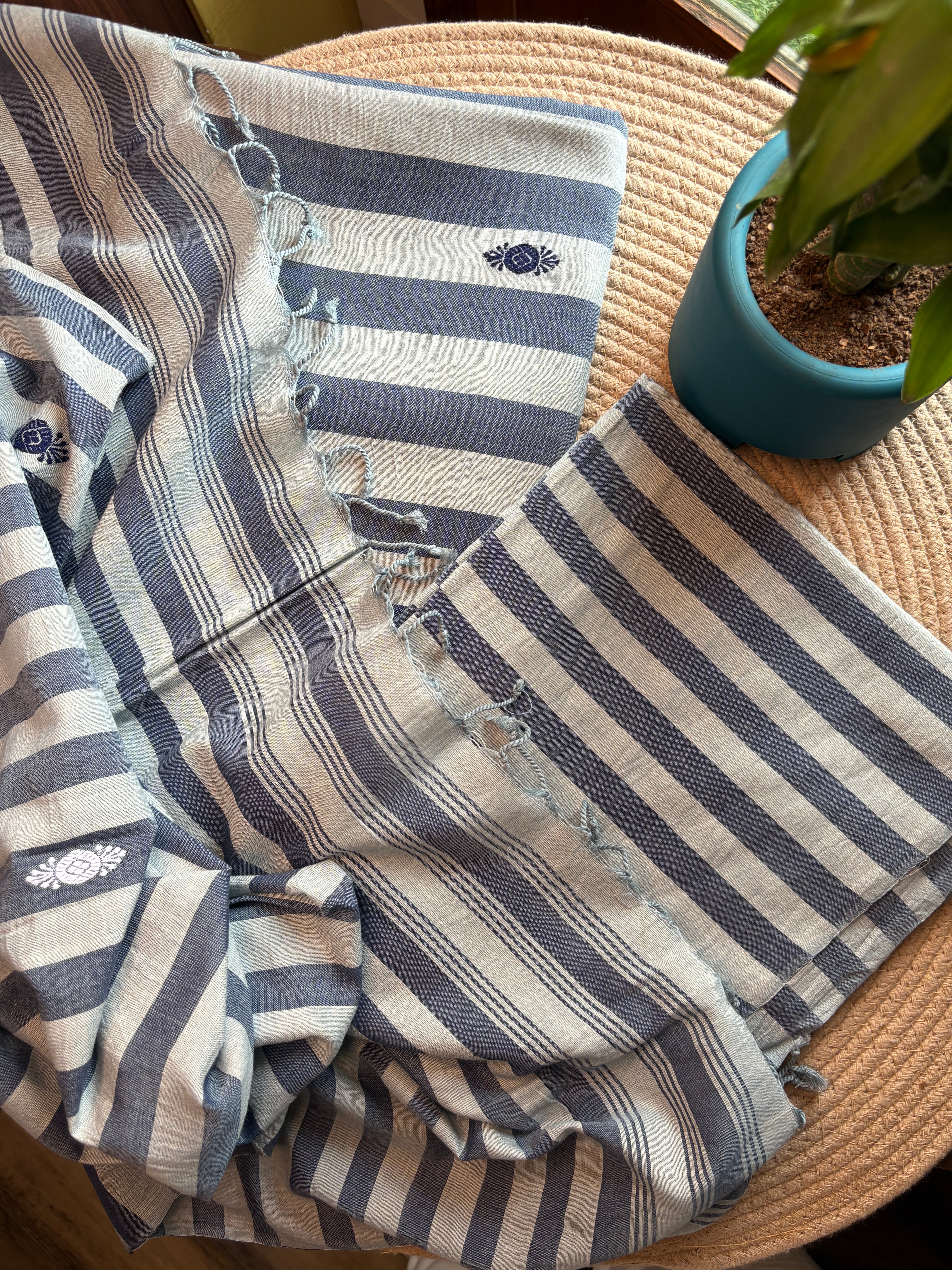 Assam handloom pure cotton suit set in a blue and cream striped weave