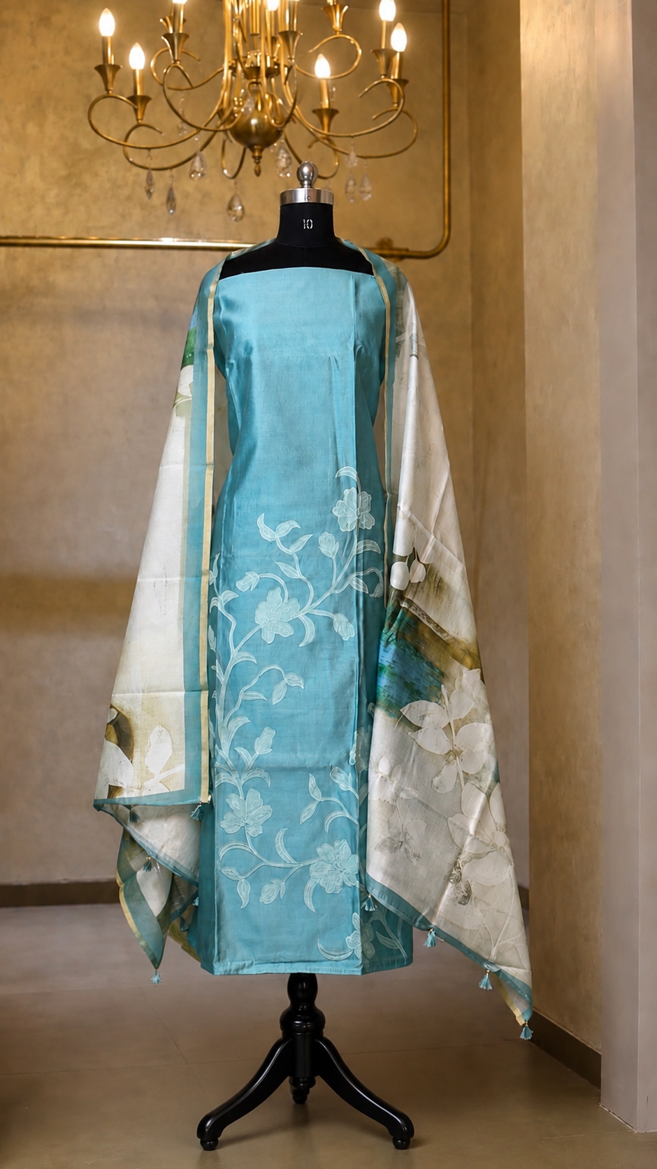 Teal green cotton suit set with tonal threadwork and abstract printed dupatta