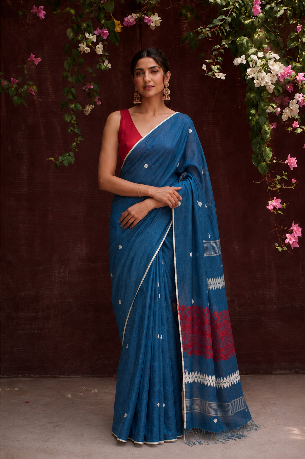 Teal blue Assam handloom cotton saree