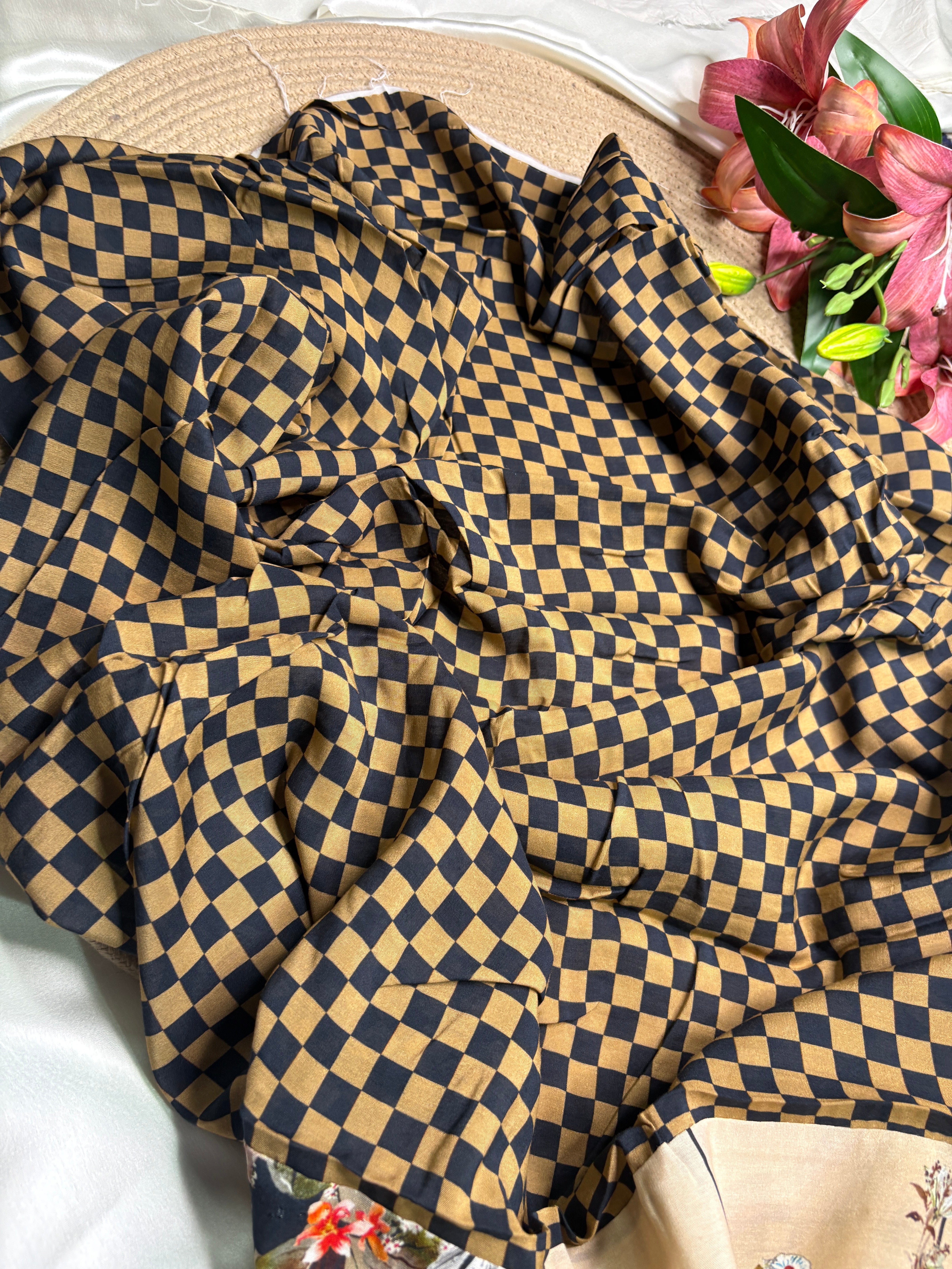 Sand Beige Chanderi Printed Saree with Patchwork-Inspired Motifs