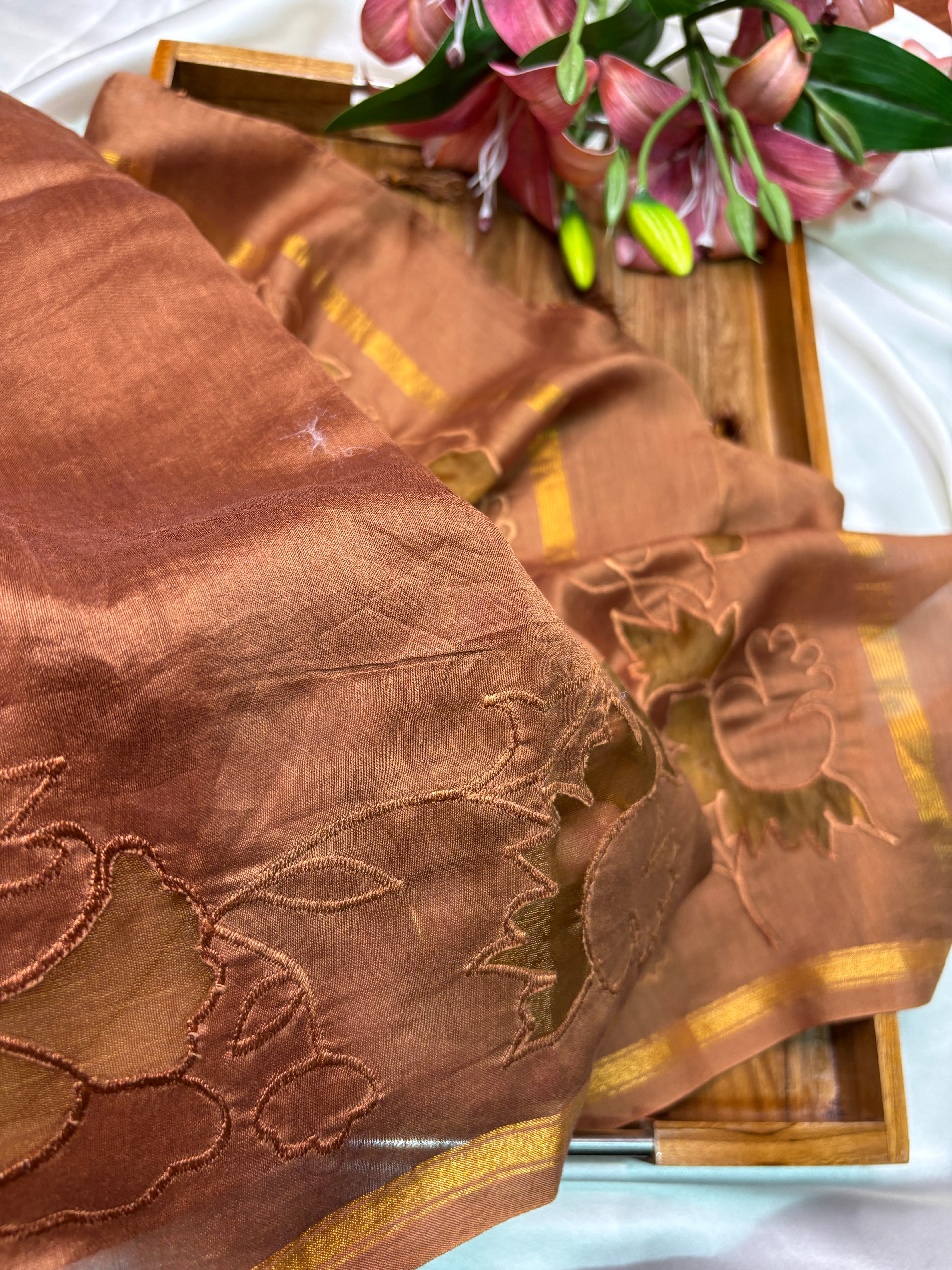 Cocoa Brown Mul Chanderi Cutwork Saree