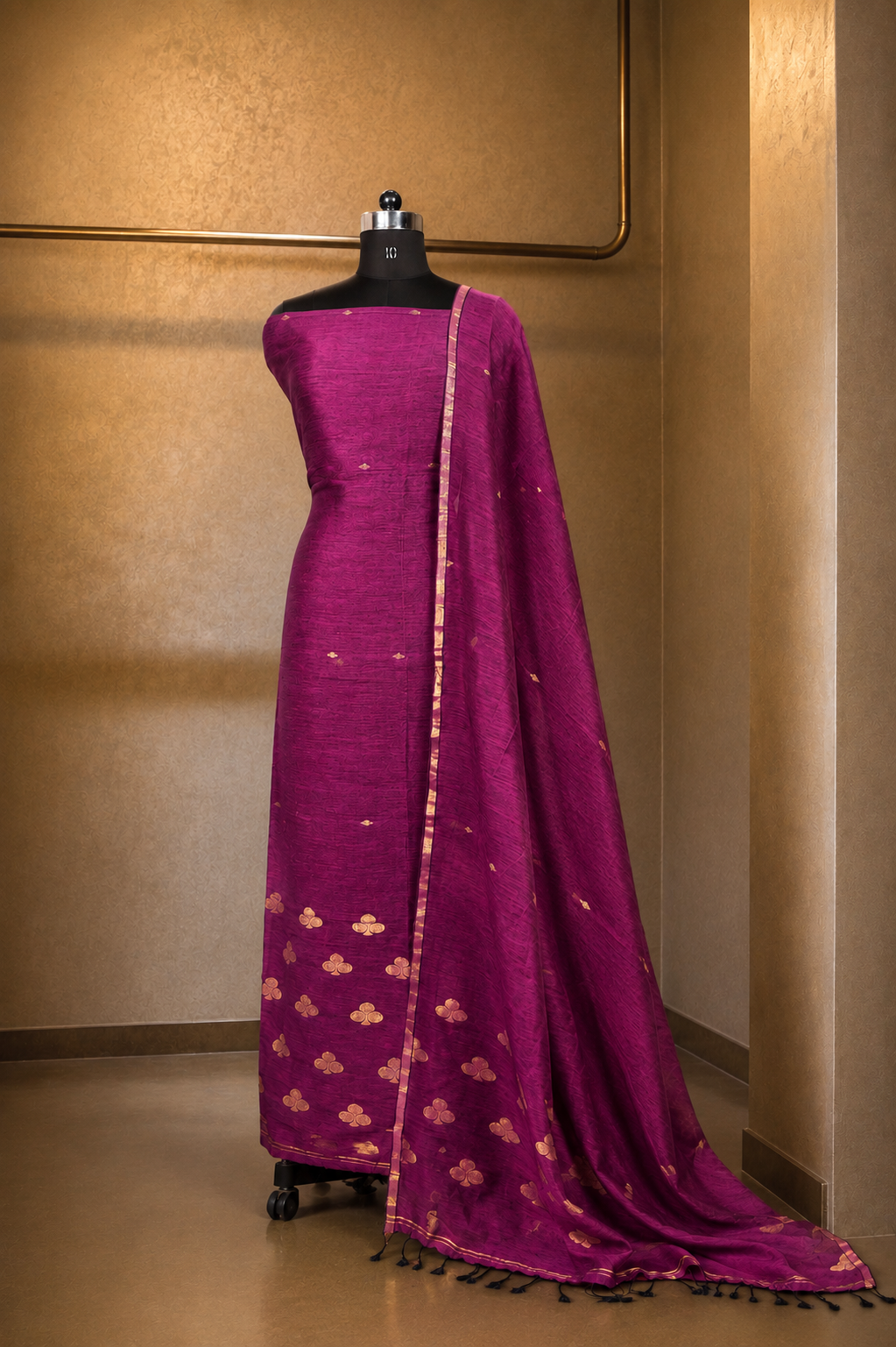 Wine pure linen Jamdani unstitched suit set, kurta fabric and matching dupatta
