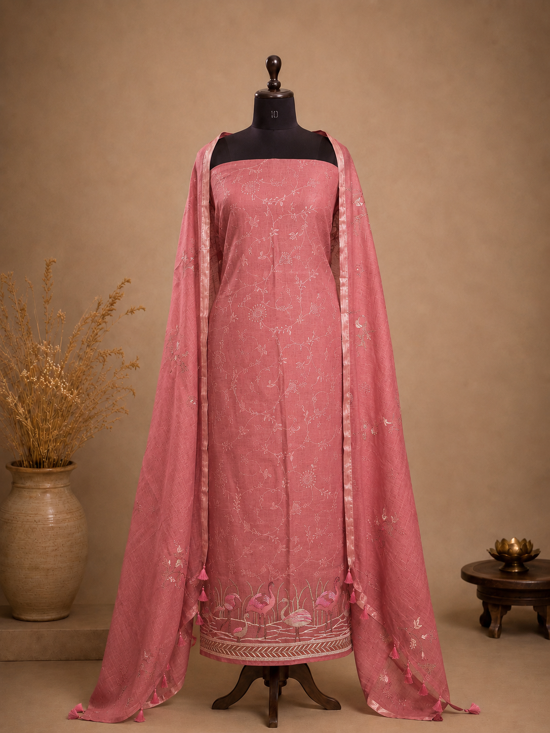 Pure linen suit set with hand embroidery and matching dupatta