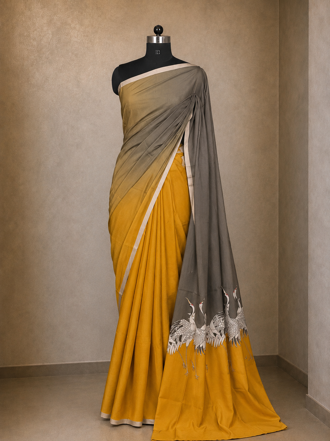 Yellow and grey dual-dye Chanderi saree with crane motifs on the pallu