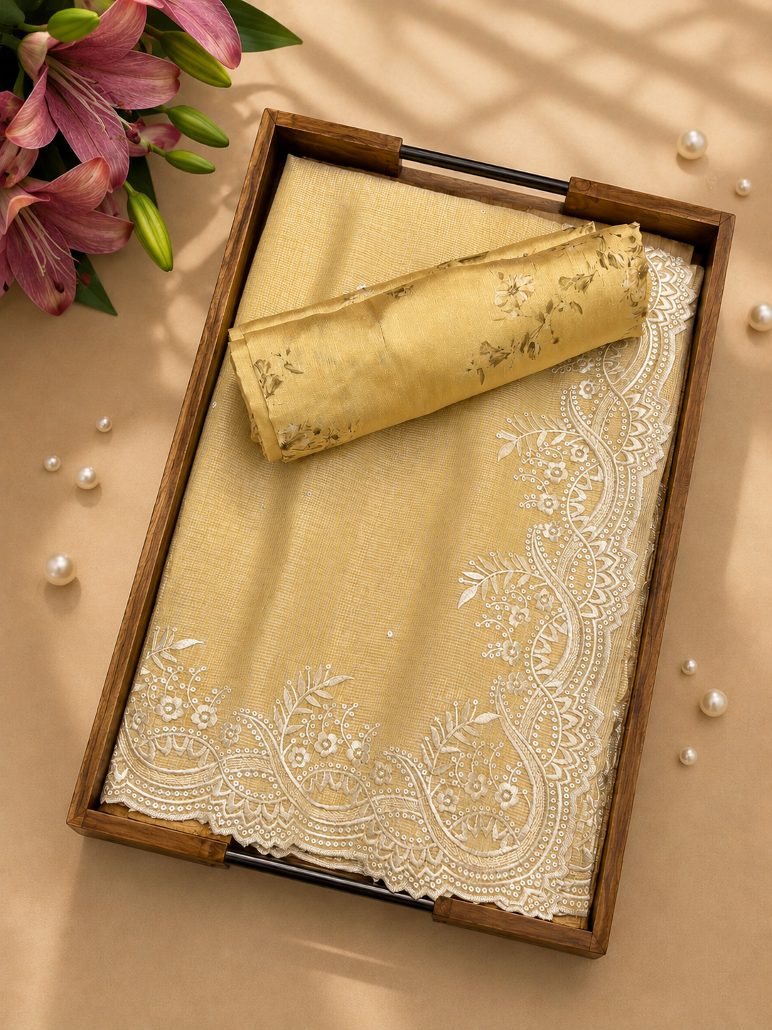 Yellow Kota doria saree with embroidery and a printed blouse piece