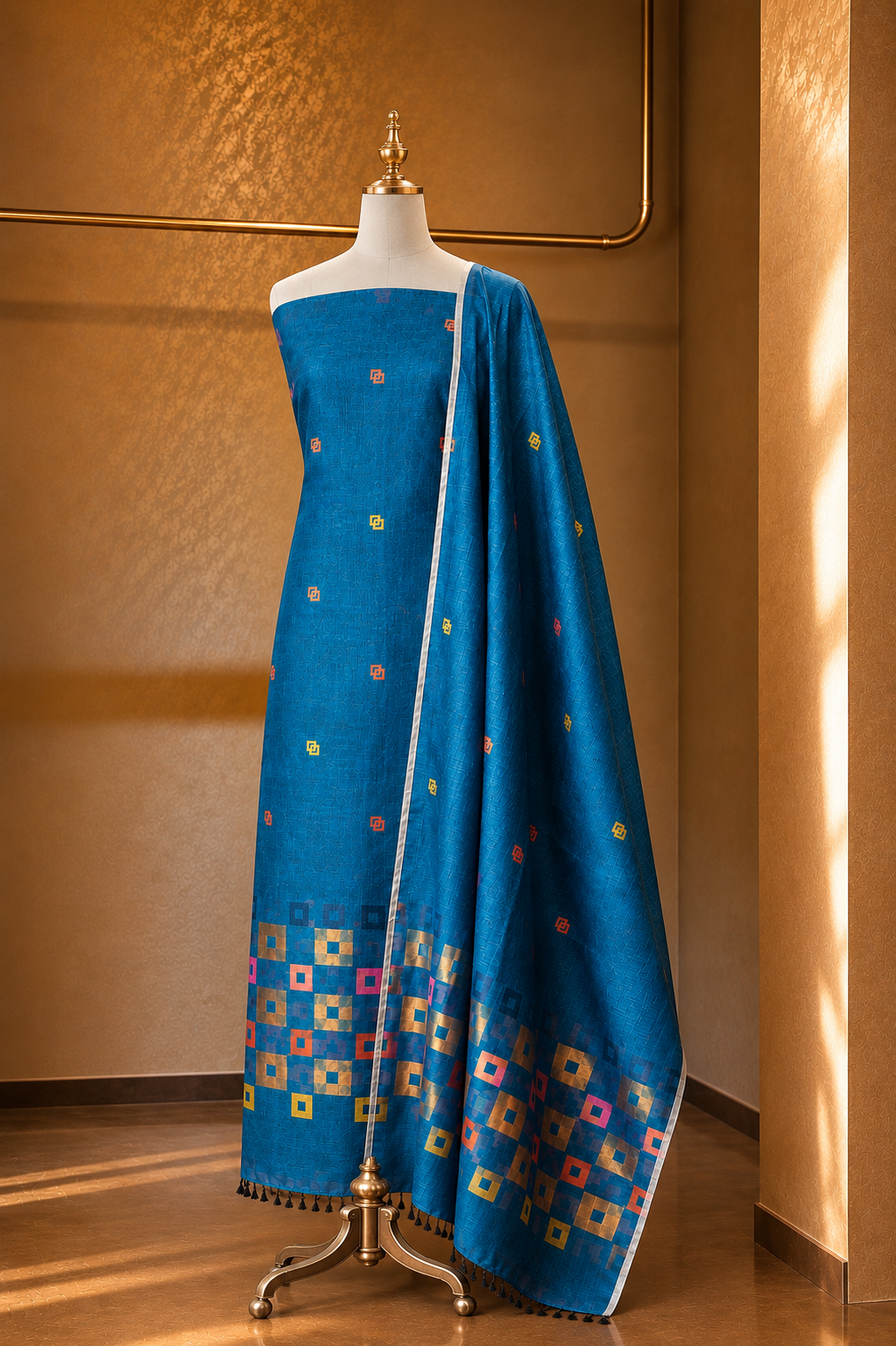 Peacock blue pure linen Jamdani unstitched suit set with geometric motifs, kurta fabric and dupatta