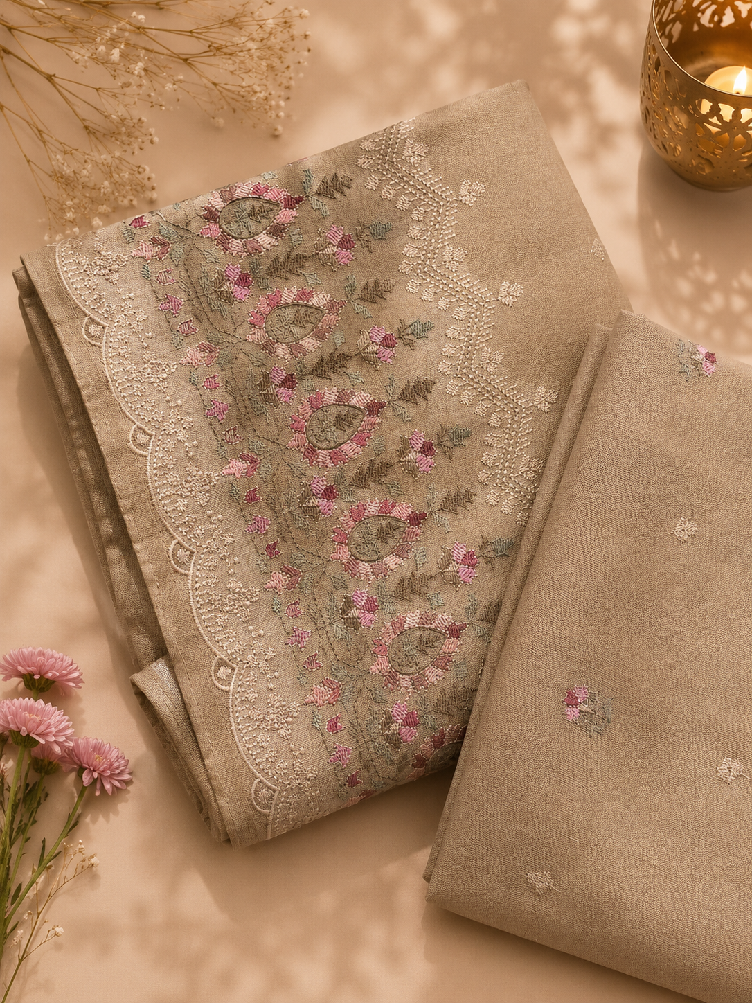 Golden Mustard Cotton-Linen Suit Set with Embroidered Panel