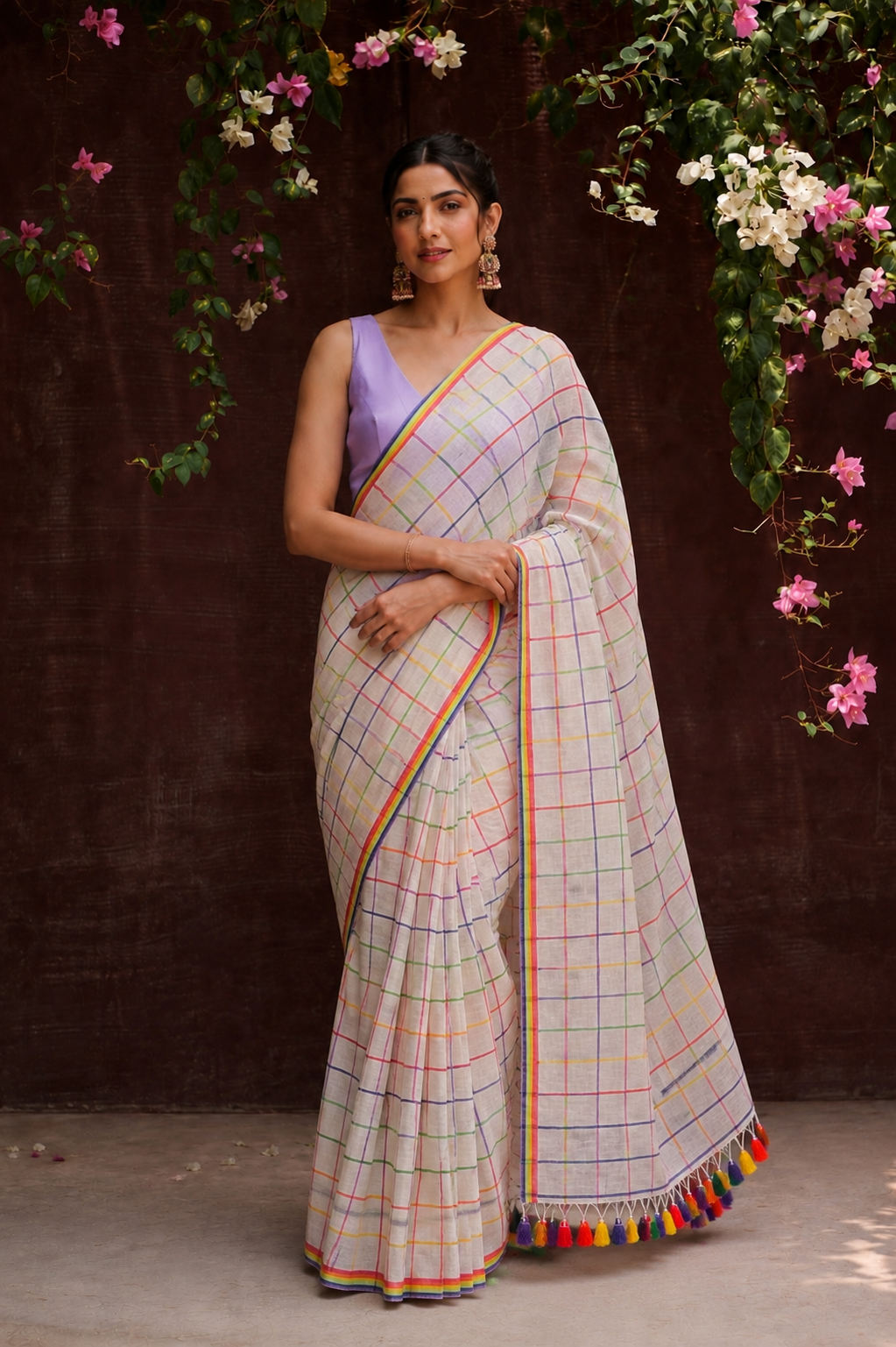 White Bengal handloom mul cotton saree with multicolour checks