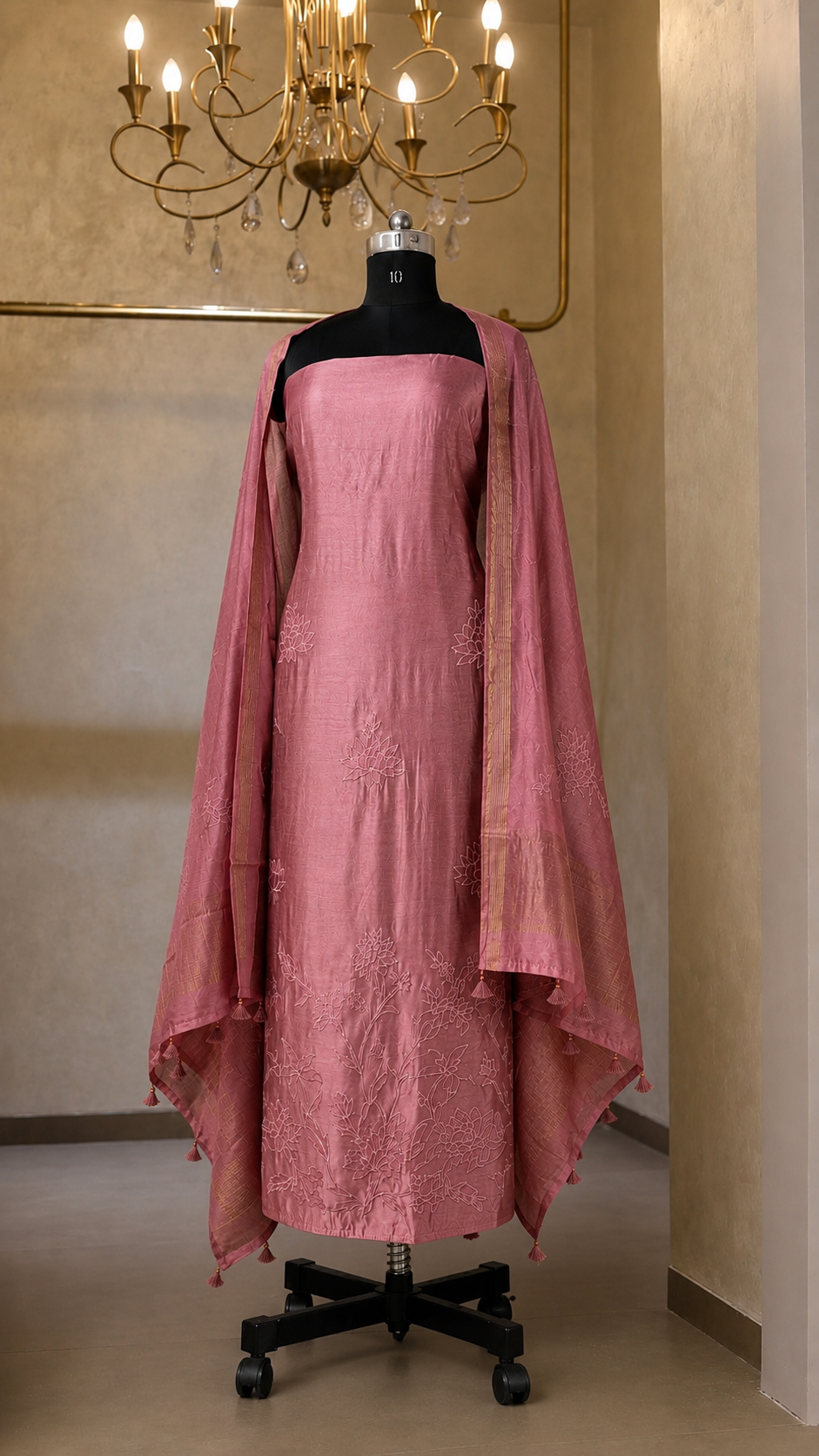 Pink tissue suit set with hand applique work and a soft sheen