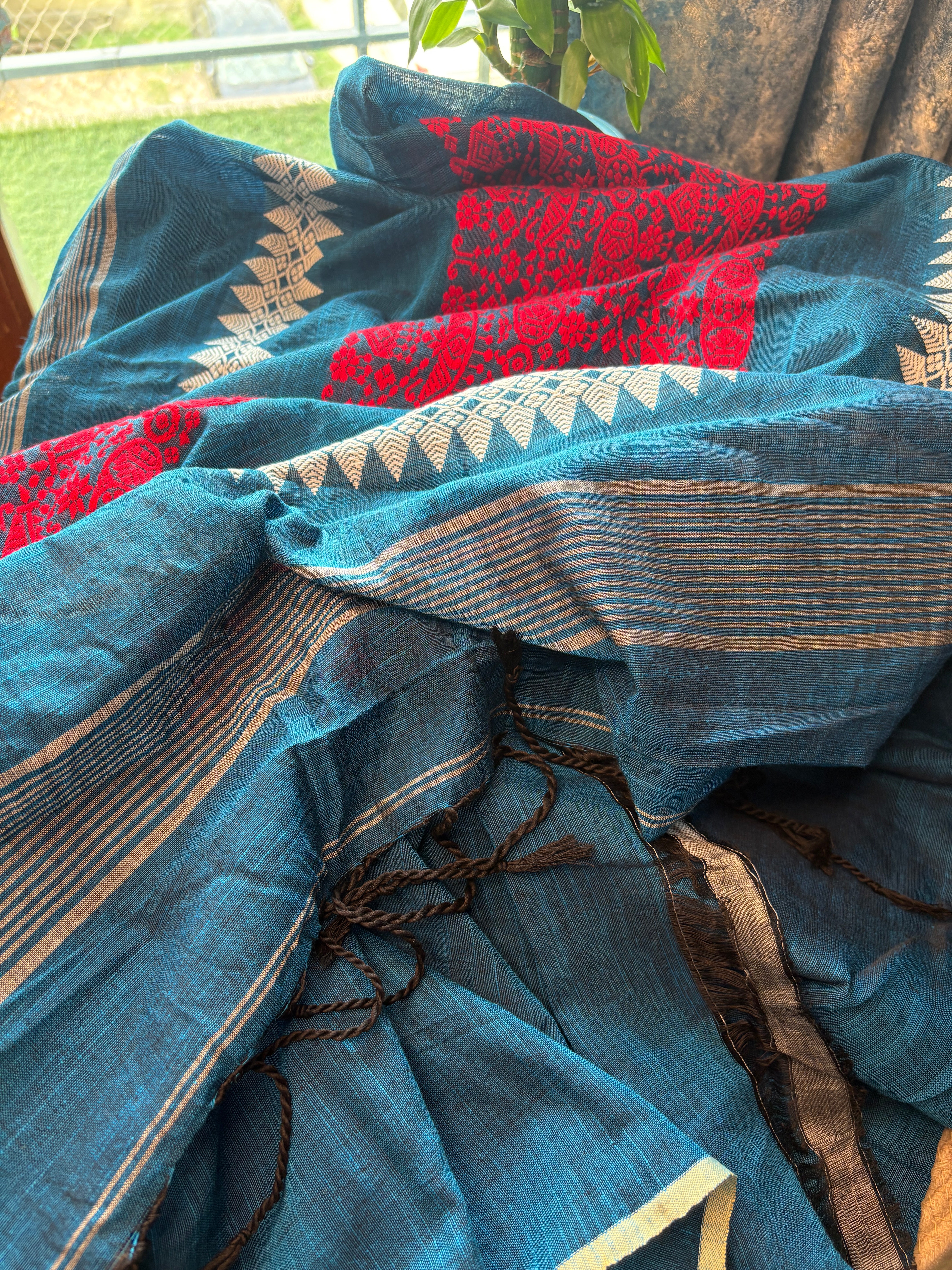 Teal Blue Assam Handloom Cotton Saree