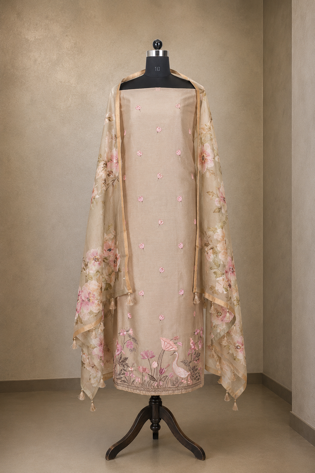 Chanderi silk-cotton suit set with flamingo embroidery on the kurta panel