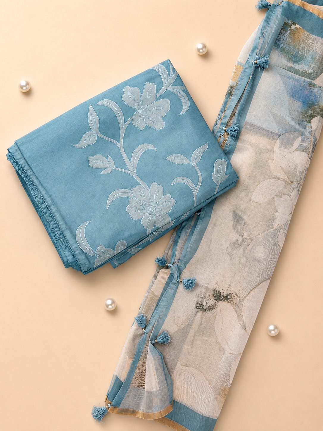 Teal Green Cotton Suit Set with Printed Dupatta & Embroidered Panel