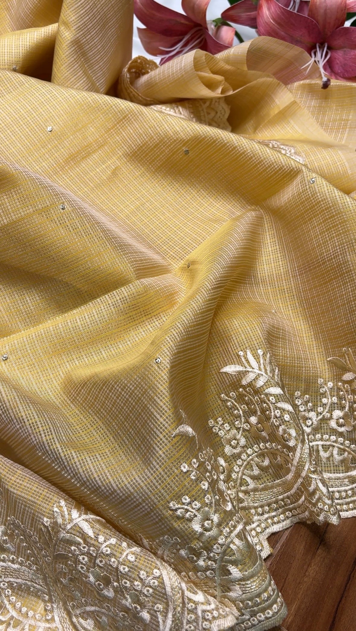 Yellow Kota Saree with Embroidery & Printed Blouse