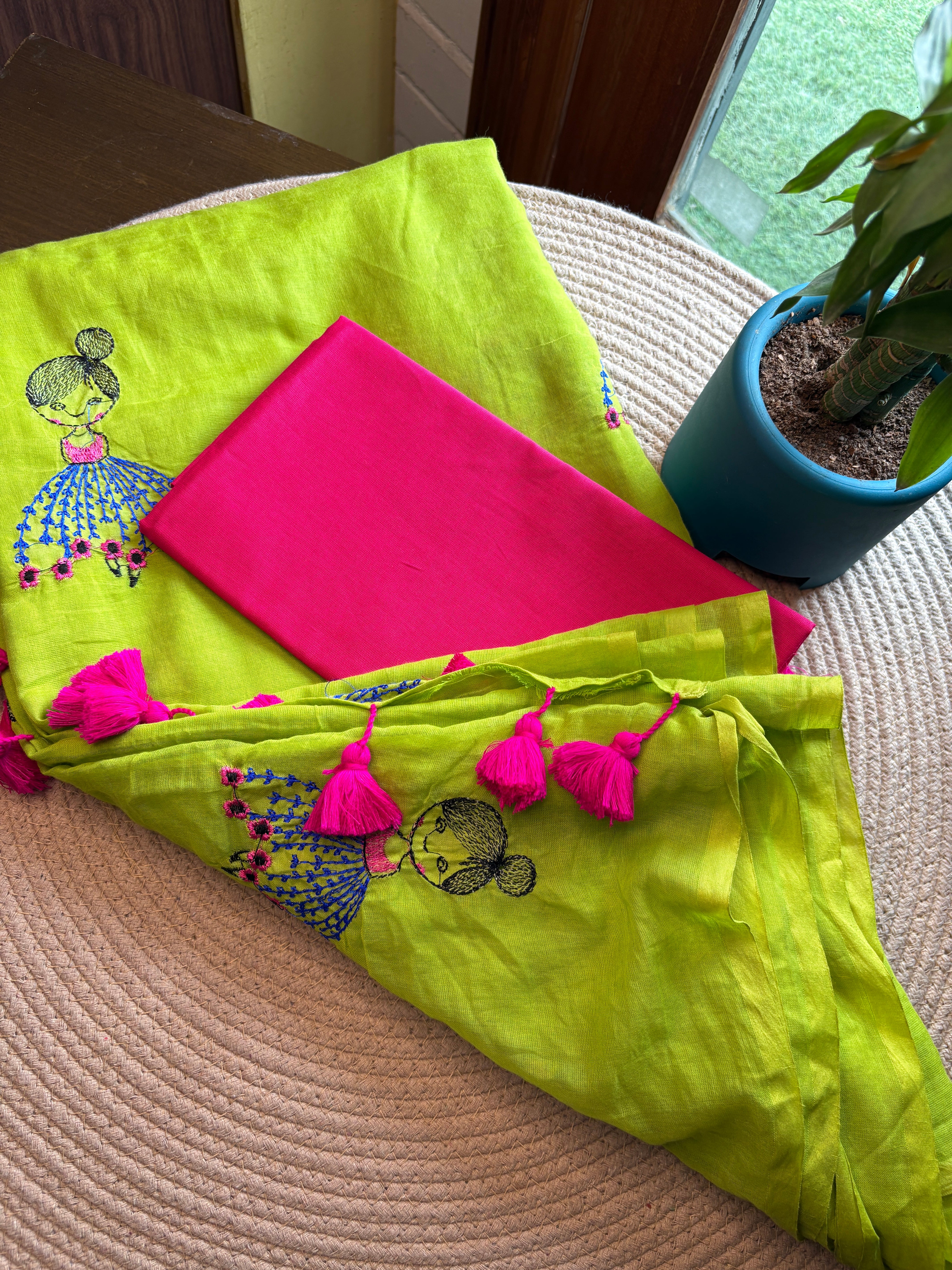 Lime Green Bengal Handloom Mul Cotton Saree