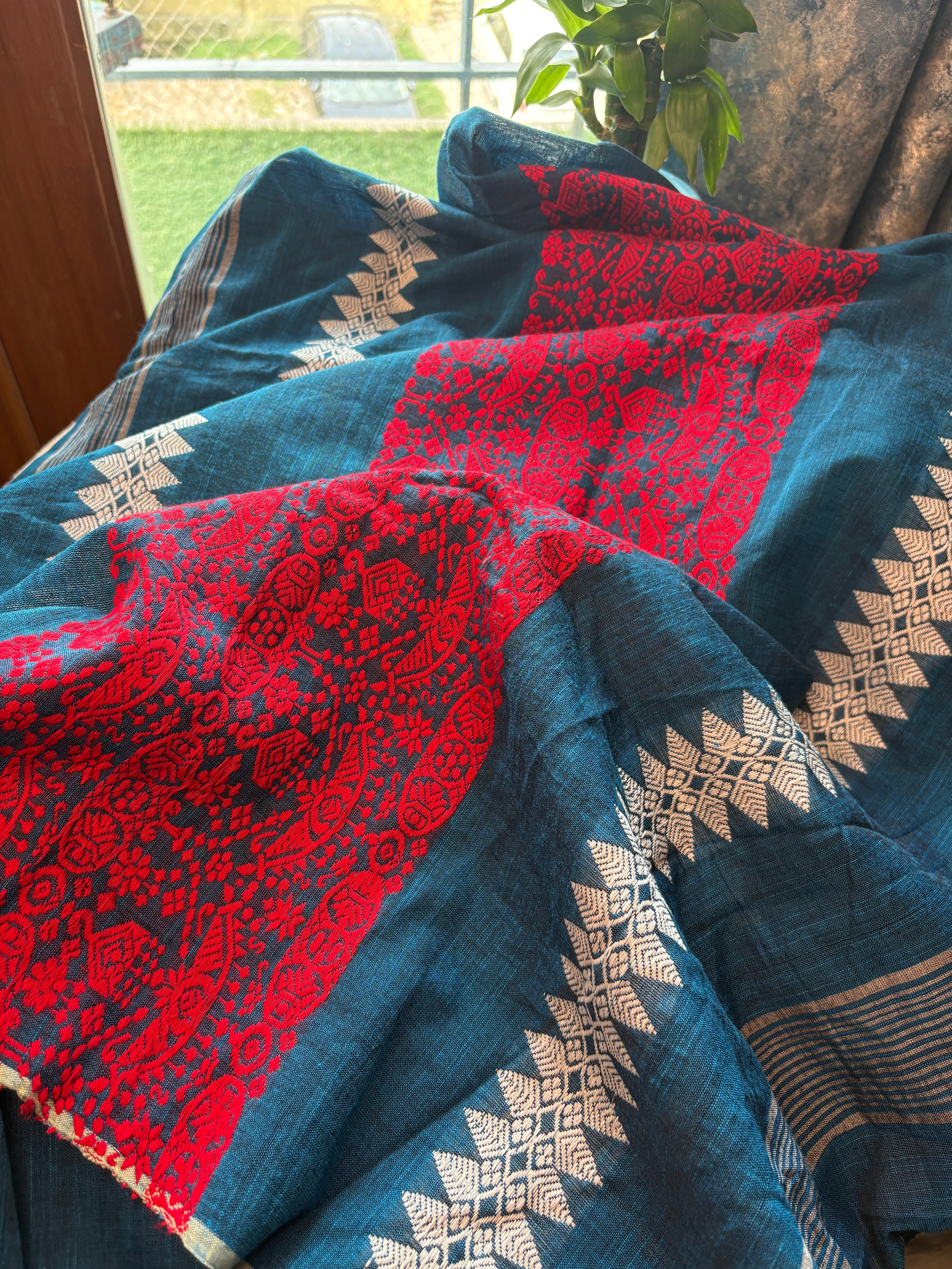 Teal Blue Assam Handloom Cotton Saree