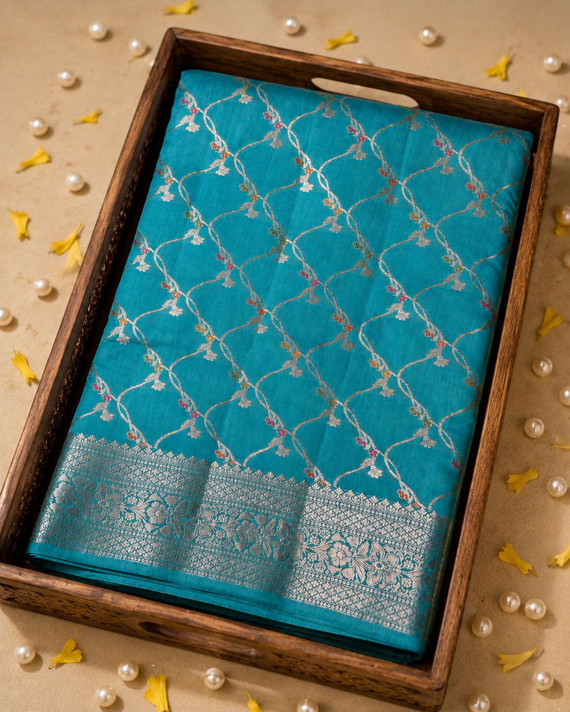 Turquoise Blue Pure Chiniya Silk Saree