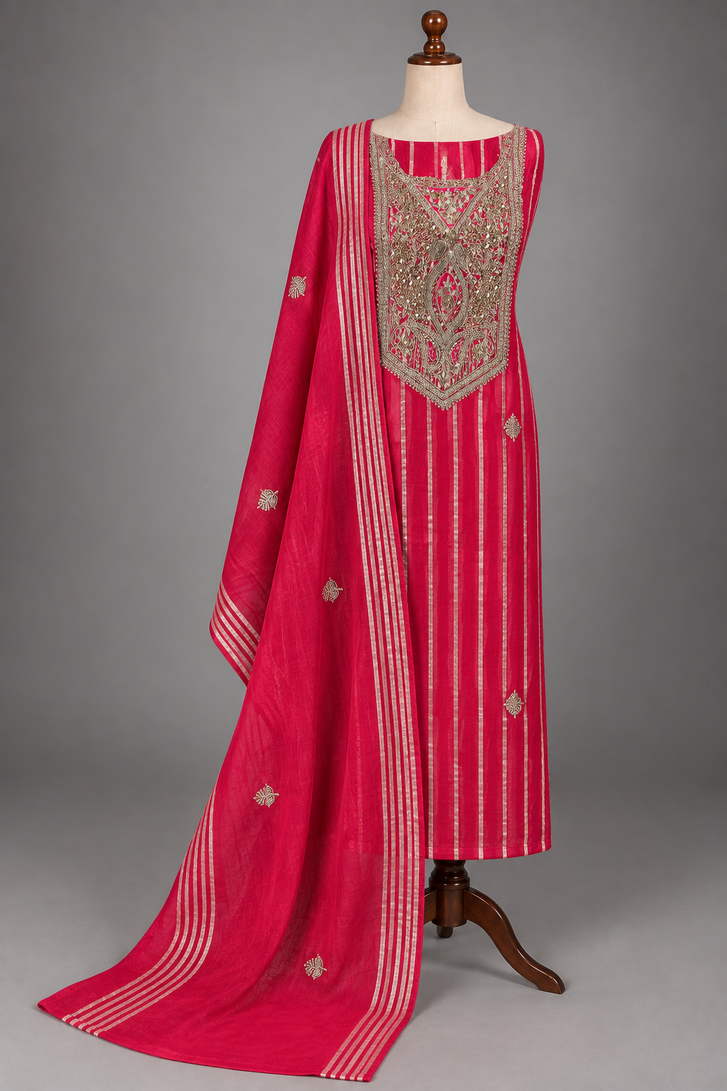 Fuchsia pink mul chanderi suit set with silver zari embroidered yoke and zari-striped dupatta