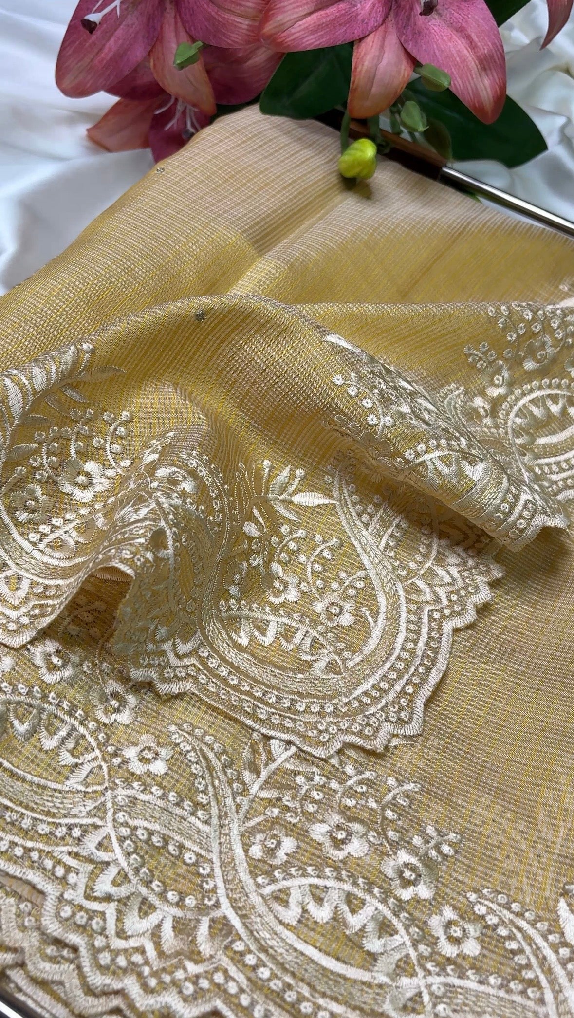 Yellow Kota Saree with Embroidery & Printed Blouse